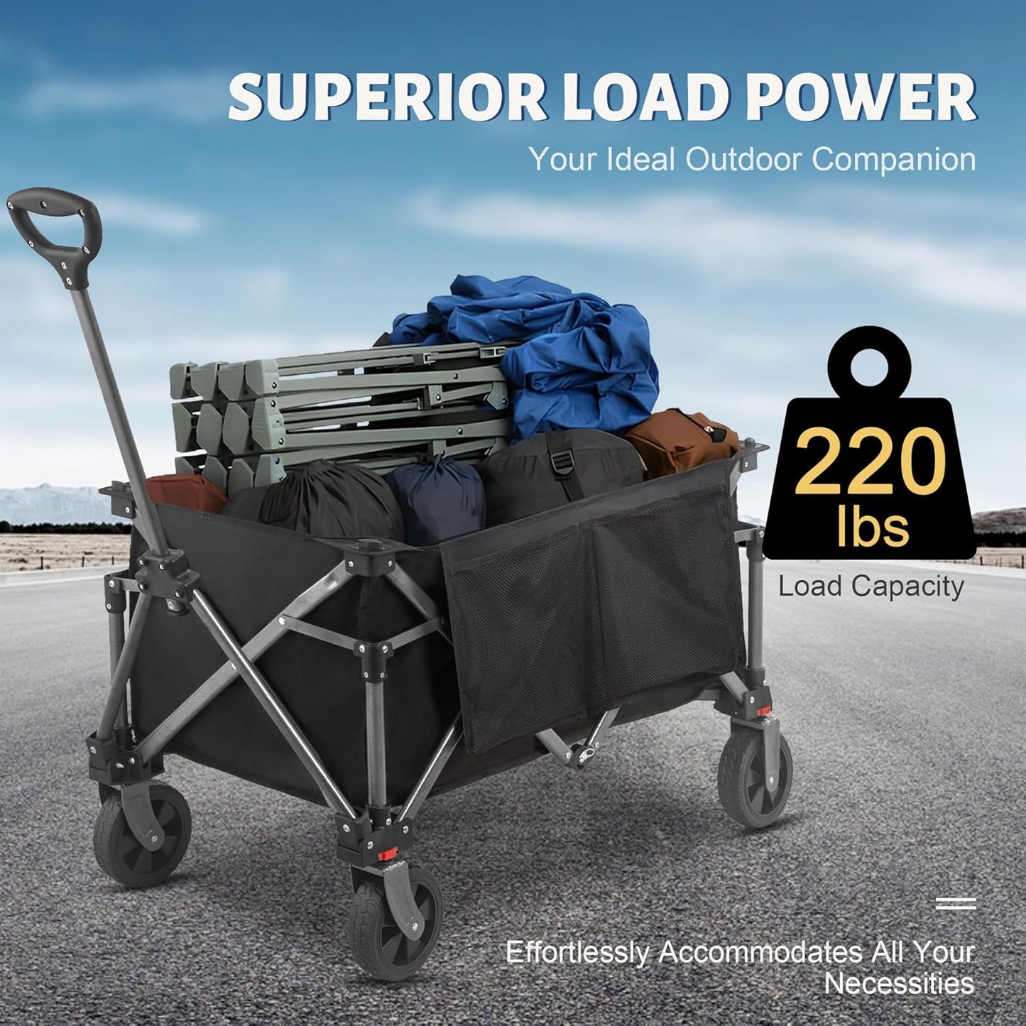 Collapsible Folding Wagon Cart, 220LBS Heavy Duty Foldable Utility Garden Cart with All Terrain Wheels & Side Storage Bag, Portable Sports Wagon for Camping, Shopping, Garden (Black)