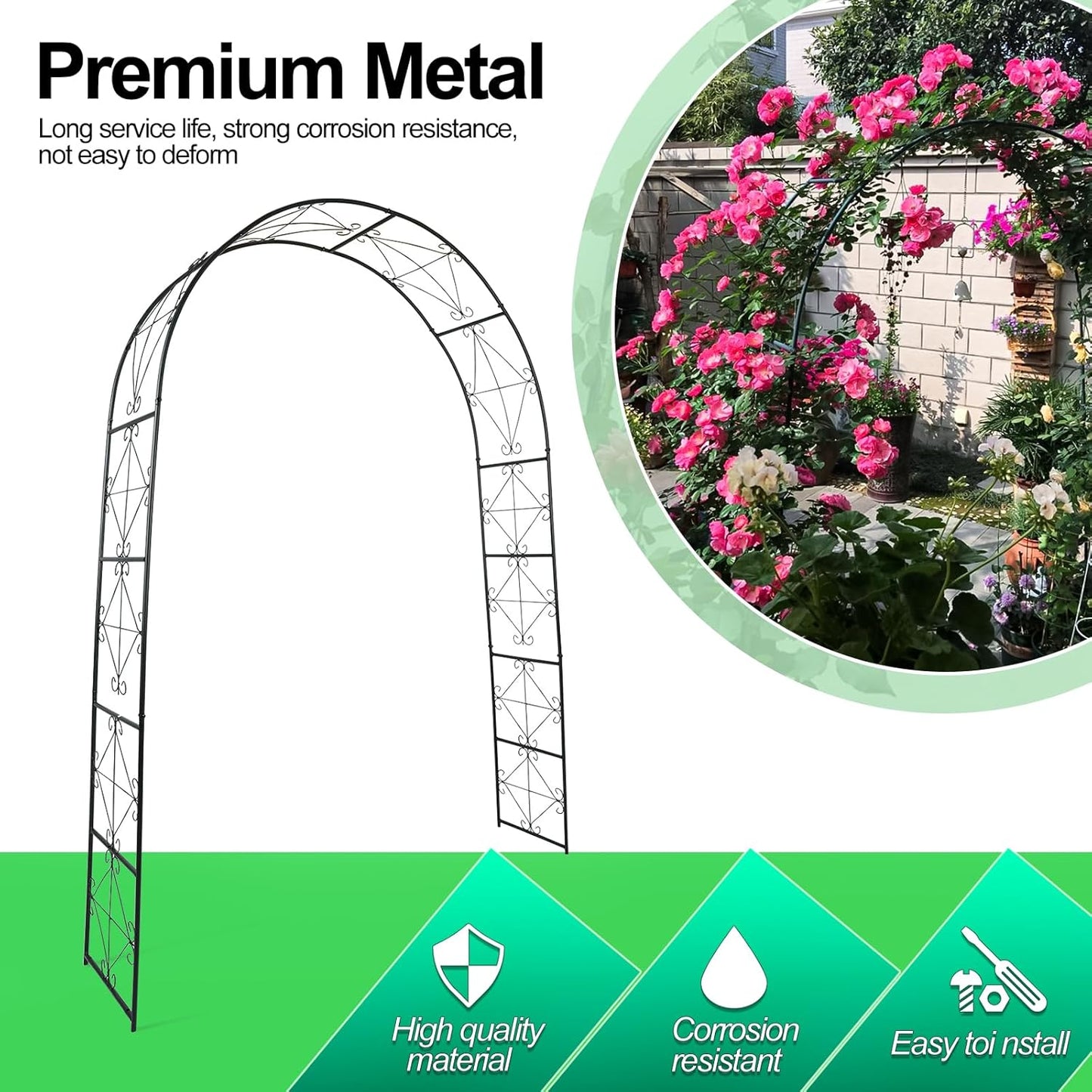 Metal Garden Arch 7.2ft High X 4.5ft Wide Garden Arbor for for Climbing Plants Roses Vines, Outdoor Garden Lawn Backyard Patio, Garden Wedding Party Decoration