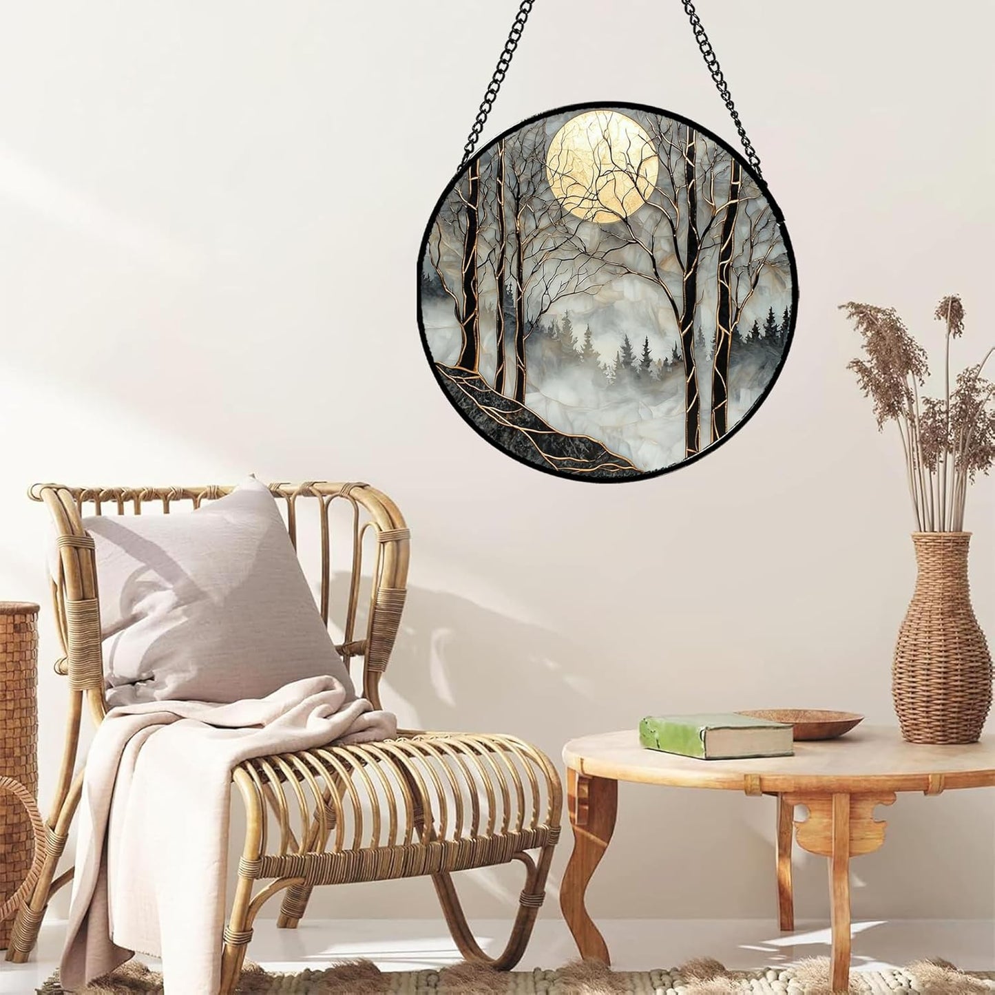 Stained Glass Window Hanging - Black and White Gold Moon Forest Sun Catcher for Door Home Decor Suncatcher Christmas Mother's Day Birthday Gifts for Women Men Lovers Mom Nana 15 in