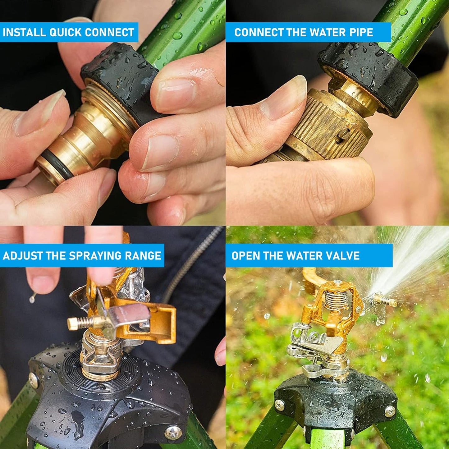 Impact Sprinkler on Tripod Base, Heavy Duty Adjustable Zinc Sprinkler Head for Lawn Yard Garden, 360 Degree Large Area Irrigation, 3/4" Connector Extension Legs Flip Locks, 2 Pack