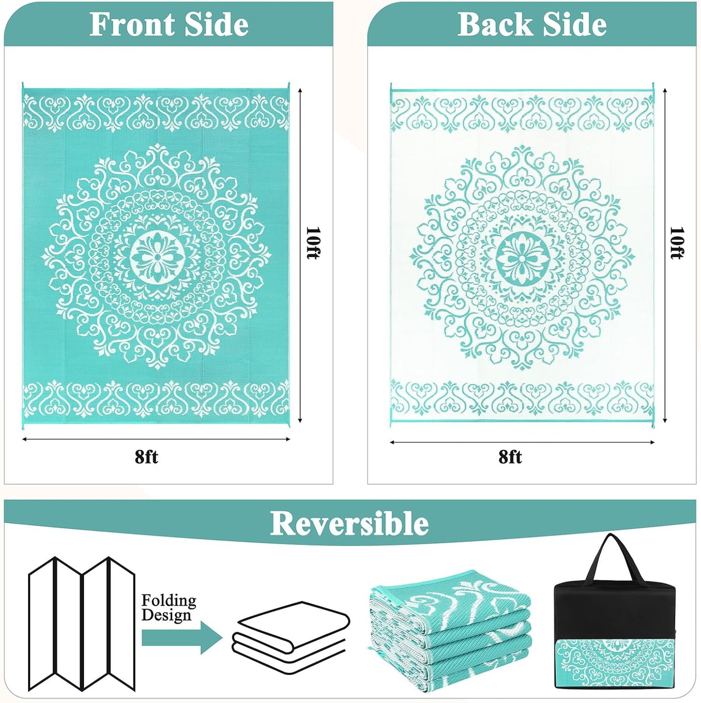 Pauwer Waterproof Outdoor Rug 8x10, Reversible Plastic Straw Patio Camping Rug, Indoor Outdoor RV Mat Carpet for Deck, Camper, Porch, Balcony, Backyard, Picnic, Floral Light Blue