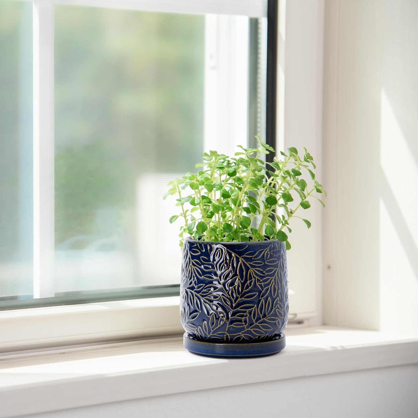 D'vine Dev 4 Inch Embossed Leaves Stoneware Planter Pot with Drainage Hole and Saucer, Midnight Blue, Set of 2, 27-F-Z-3