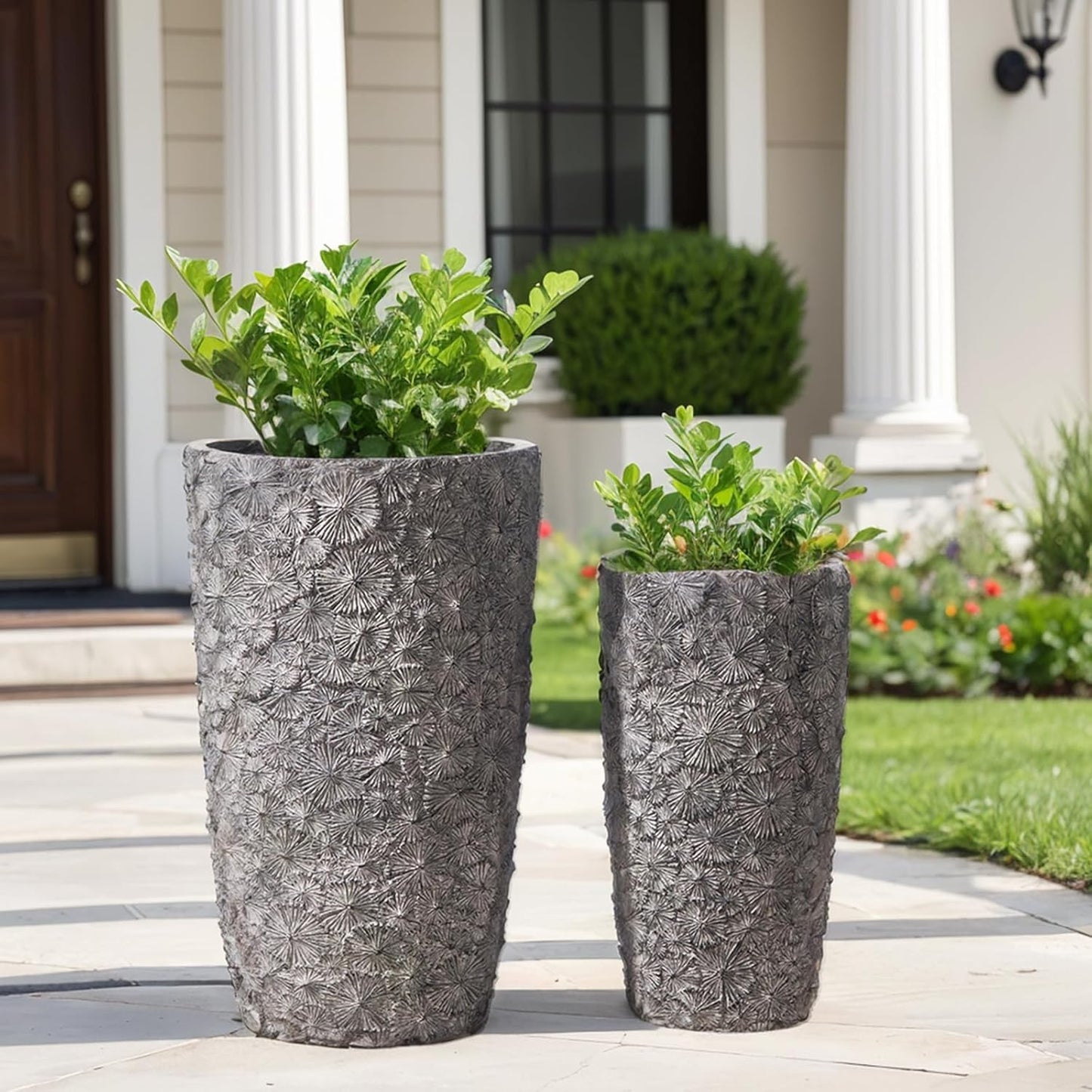 Yundu 16 & 20 inch high Concrete Plant pots Set of 2. Flower pots with Drainage Hole. Tall planters for Indoor Plants, Large planters for Outdoor Plants, Such as Garden, Patio and Front Porch Decor.