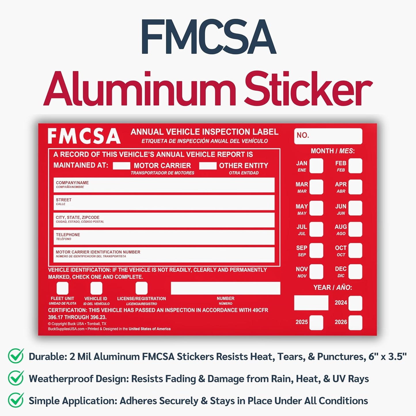 100 Pack 3-Ply Carbonless Annual Vehicle Inspection Report Forms with FMCSA Red Aluminum Labels & White Mylar Laminate Vinyl Labels, DOT Inspection Forms and Stickers, Shrink-Wrapped, 8.5" x 11.75"