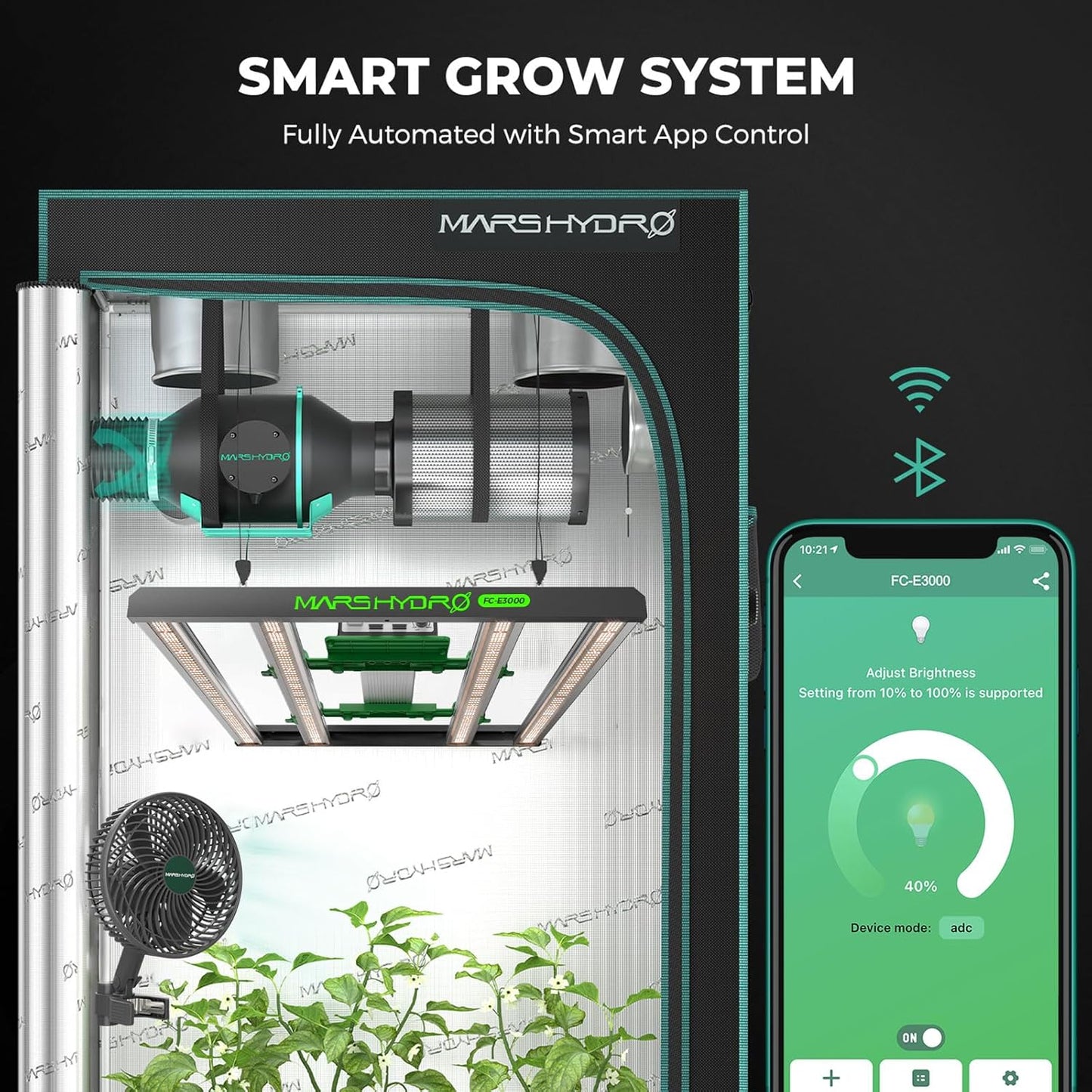 Mars Hydro 3x3 Smart Grow Tent Kit Complete System,FC-E3000 APP Control Dimmable 1184Pcs LED Grow Light,1680D High Reflective Mylar,with Smart WiFi Control Ventilation System,10 Speed Clip Fan
