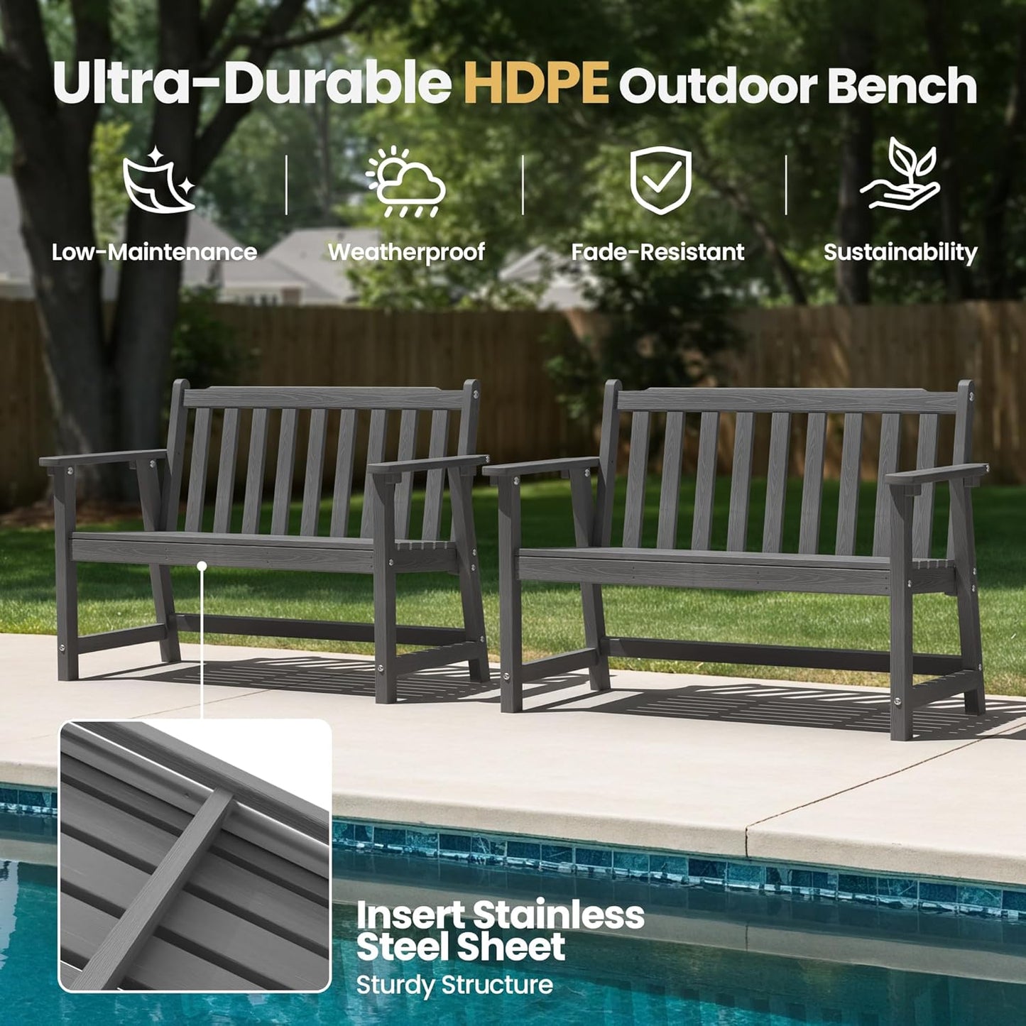 Ciokea 44" Outdoor Bench, HDPE Weatherproof Garden Bench, 2-Person Porch Benches with 550 Lbs, Waterproof Patio Benches for Outside Balcony Deck Backyard, Dark Grey