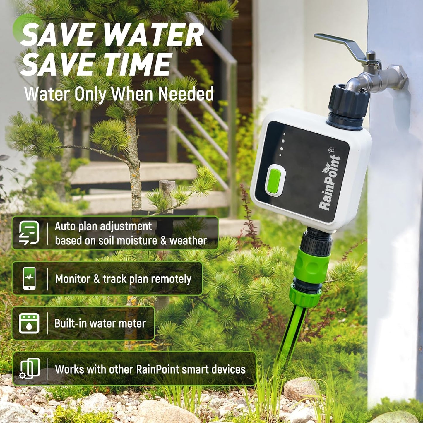 RAINPOINT 1-Zone Wireless Smart Water Timer for Garden Hose with Hub Outdoor Sprinkler Irrigation Rain Delay, APP Remote Control WiFi Valve for Faucet Automatic Schedules Lawn,Backyard,Pool