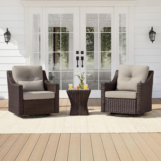 CHITA 3 Pieces Wicker Patio Bistro Set, Outdoor Furniture Set with 2 Pieces Rattan Rocking Swivel Chairs, Thickened Cushions and Side Table