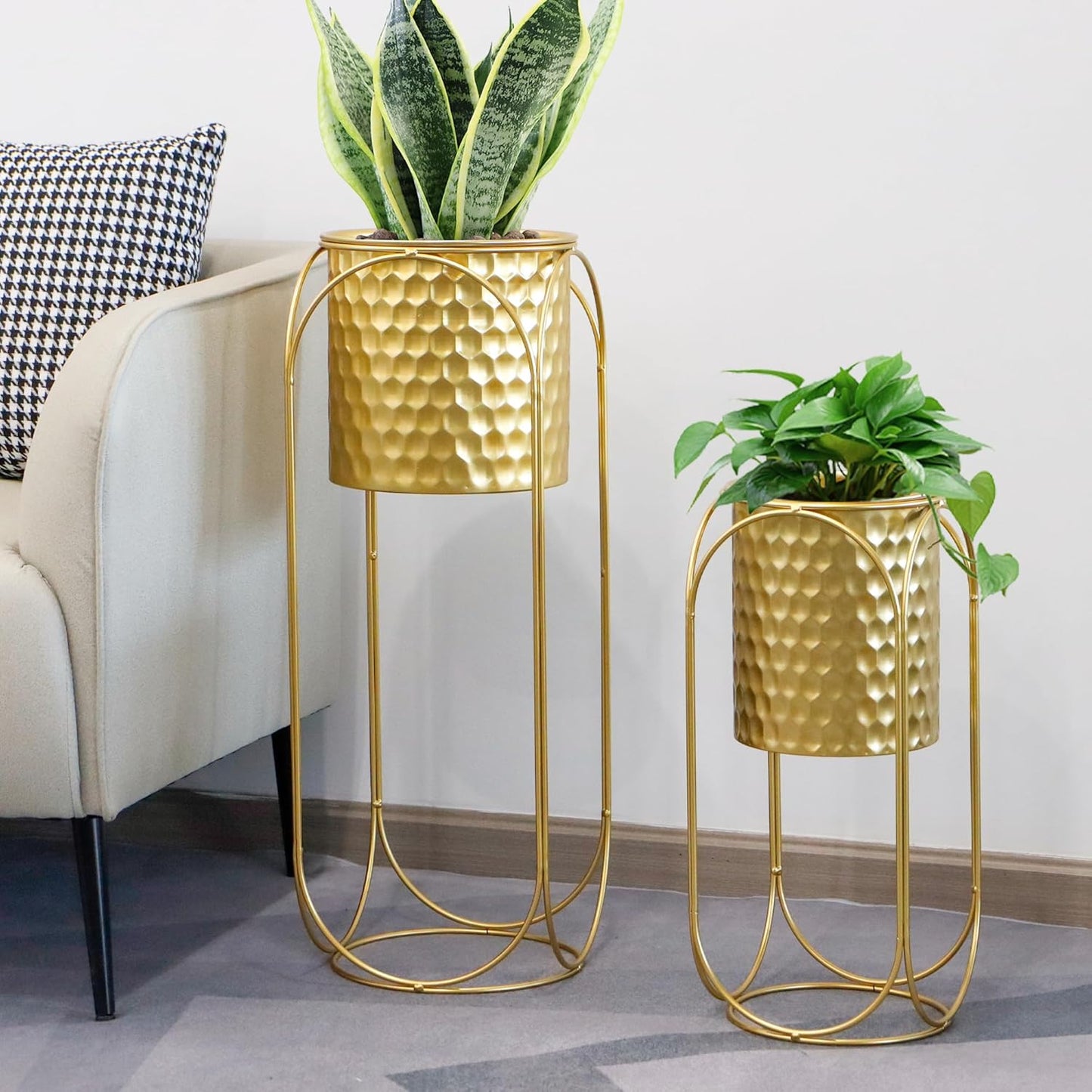 TRIROCKS Set of 2 Planters with Stand Large Gold Planter for Indoor Plants 26 &18" H Morden Plant Pot for Living Room Corner Kitchen Office Garden Balcony Patio Decor(Gold)