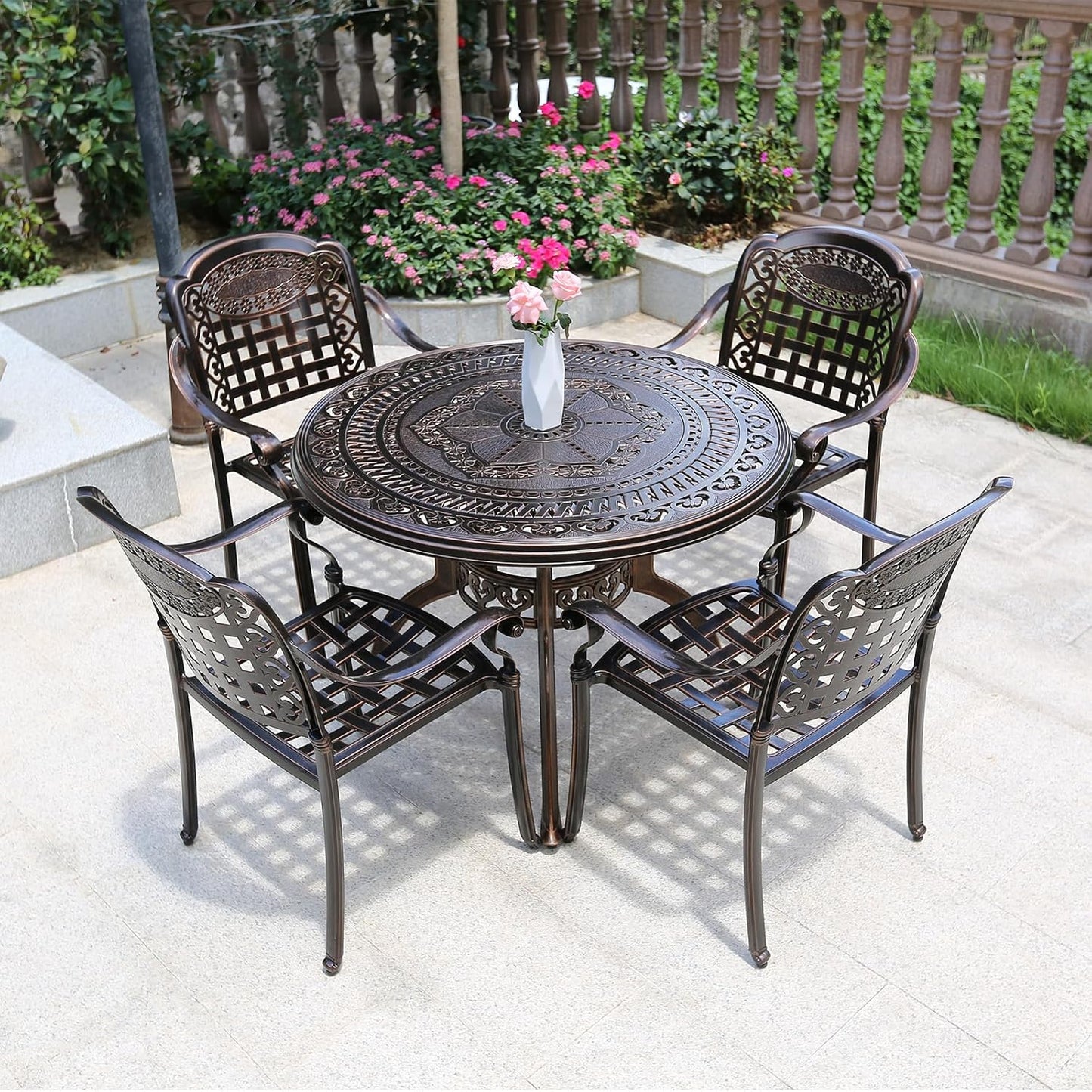 Outdoor Table Cast Aluminum Round Patio Table with Umbrella Hole All Weather Outdoor Dining Table for Lawn Garden Backyard (100cm Orchid Round Table)