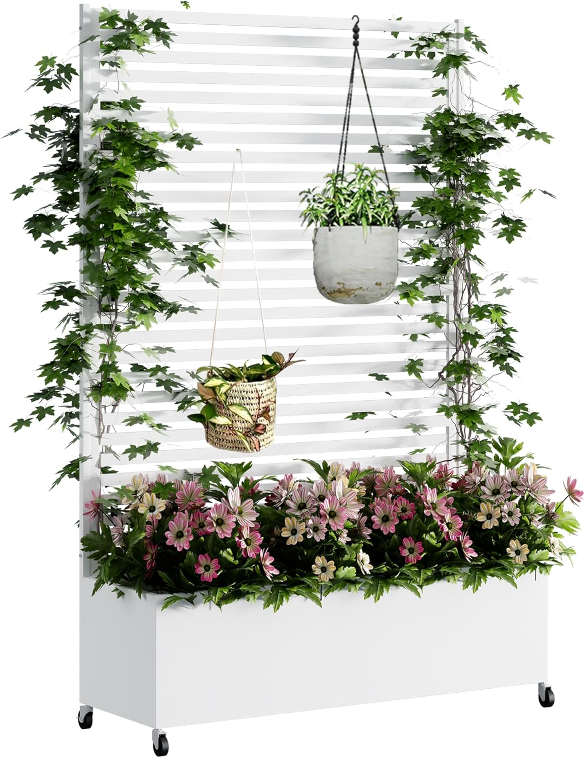 Metal Planter Box with Trellis Privacy Screen, Raised Garden Bed with Trellis & Wheels, Privacy Planters for Patio, Planter Box with Drainage Holes for Climbing Plants, Flower, 73"x 47"x 16", White