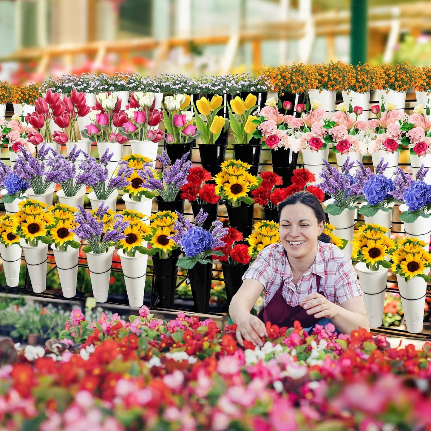 Flower Display Stand with Buckets, 3 layers Metal Plant Stand with Wheels, Moving Florist Bouquet Shelf for Fresh Flower Shop, for Patio Garden, Living Room, Outdoor Flower Pop-Up Events (White Frame - Black Bucket)