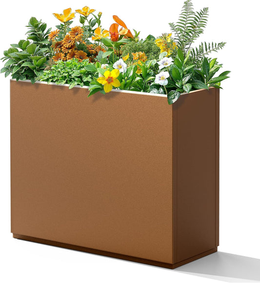Rectangle Planter for Indoor & Outdoor, Tall and Long Planter Boxes with Drainage Holes, Mental Divider Planter Box All-Weather Use for Plants, Flowers, 29.9" L x 12" W x 24" H, Brown