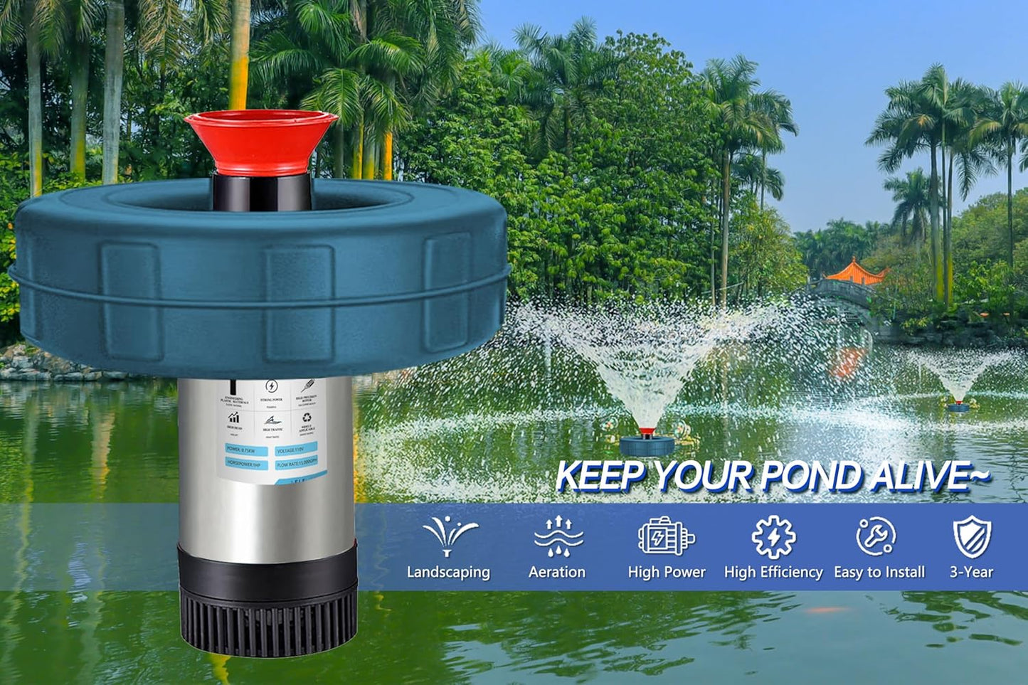RGB LED Pond Fountain Aerator 750W with Color-Changing Light Show, 1HP 15000 GPH Floating Aerating Pump, 100ft Power Cord, Wireless and Time Control, Perfect for Ponds & Lakes (NO-RGB)