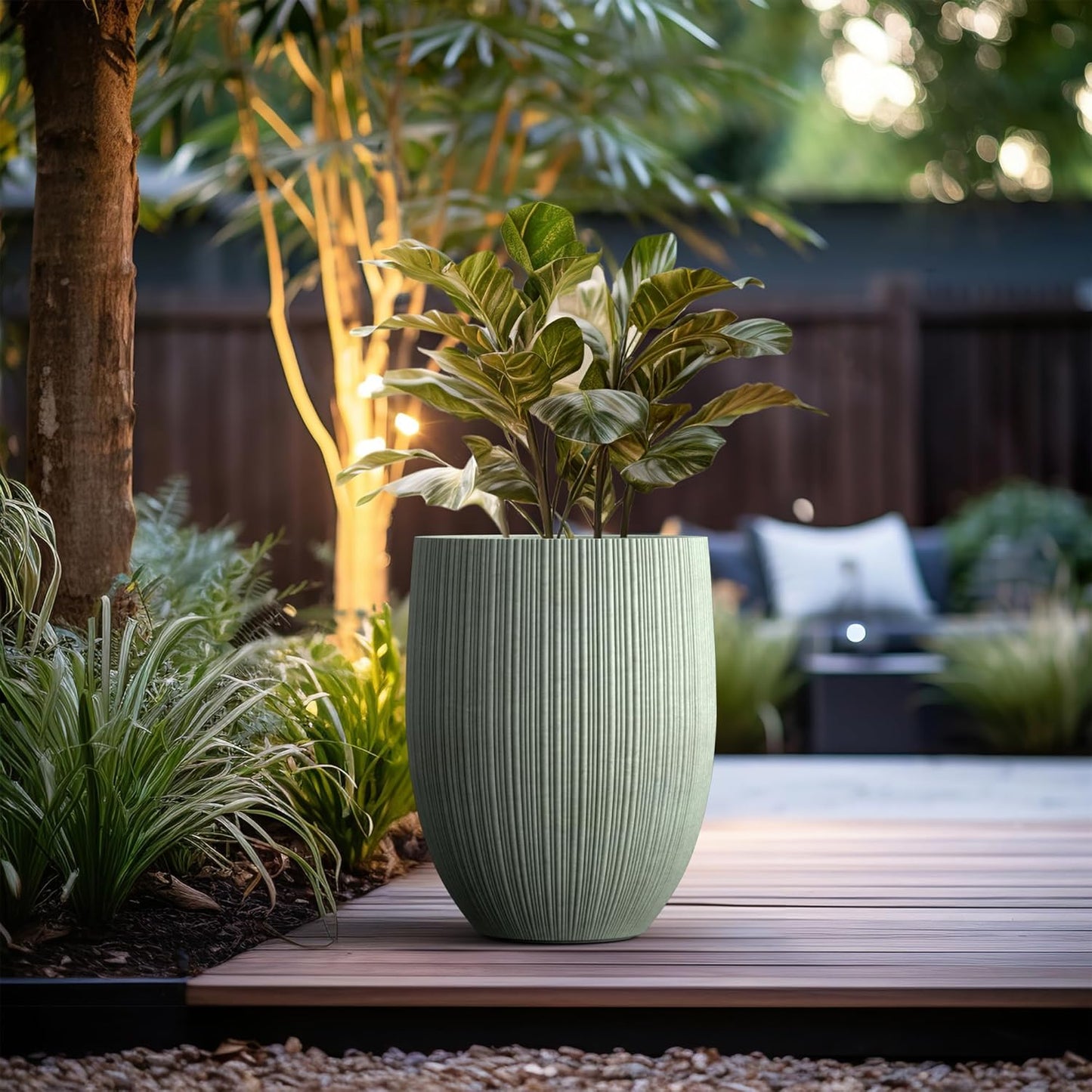 Kante Round Fluted Concrete Planter, 16.9-Inch Dia Barrel-Style Pot with Drainage Hole, Mint Green Finish with Warm Brown Interior, 13.7" Opening, for Indoor and Outdoor Use