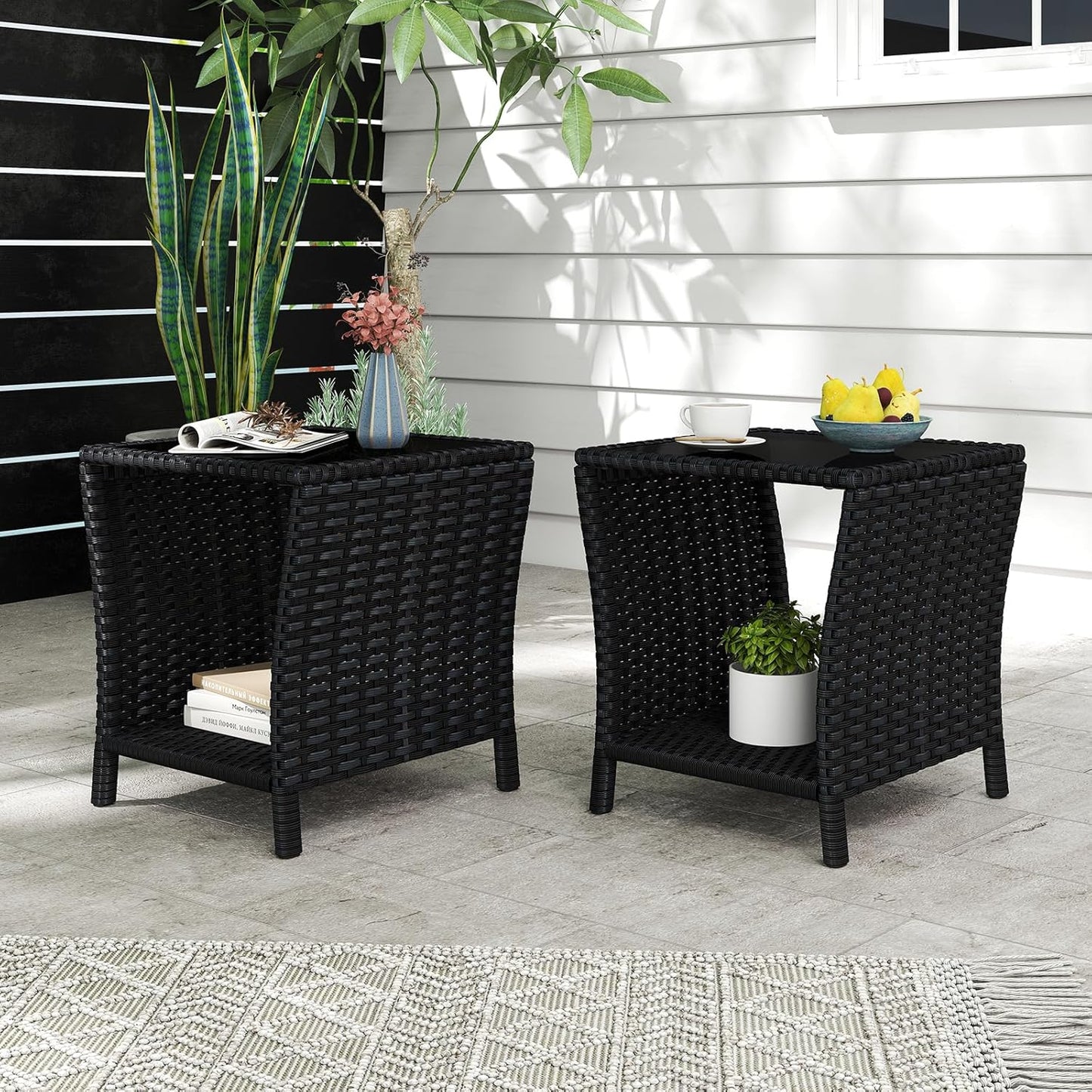 Outdoor Small Patio Table - PE Rattan Coffee Table, Wicker Side Table for Patio, Balcony & Porch, Durable & Iron Frame (2, Black)