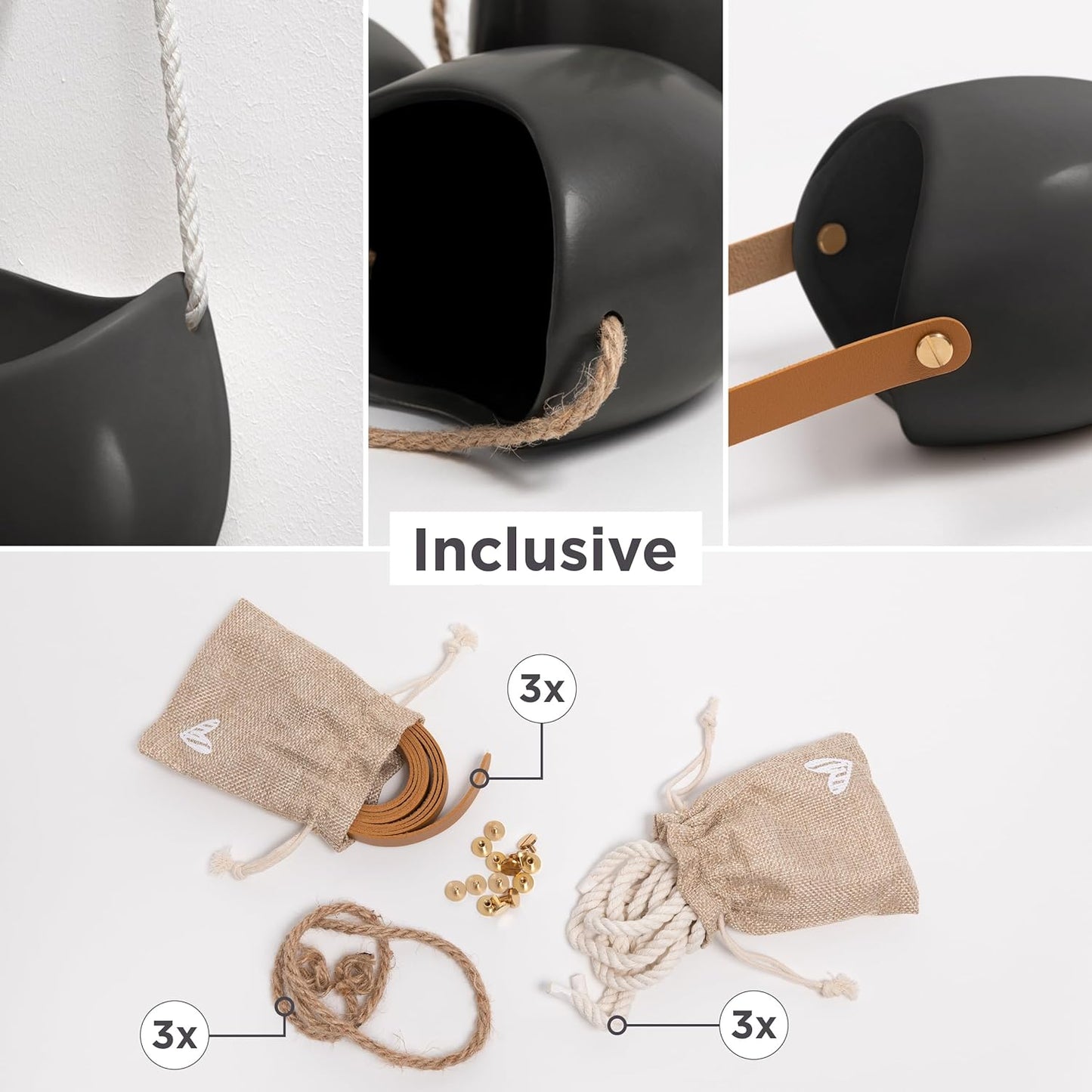 Kazai. Wall Planters -Ellie- | Hanging Ceramic Plant Pots 3 Pieces | Wall Decoration for Indoors, Balcony and Garden | Graphite (Matte)