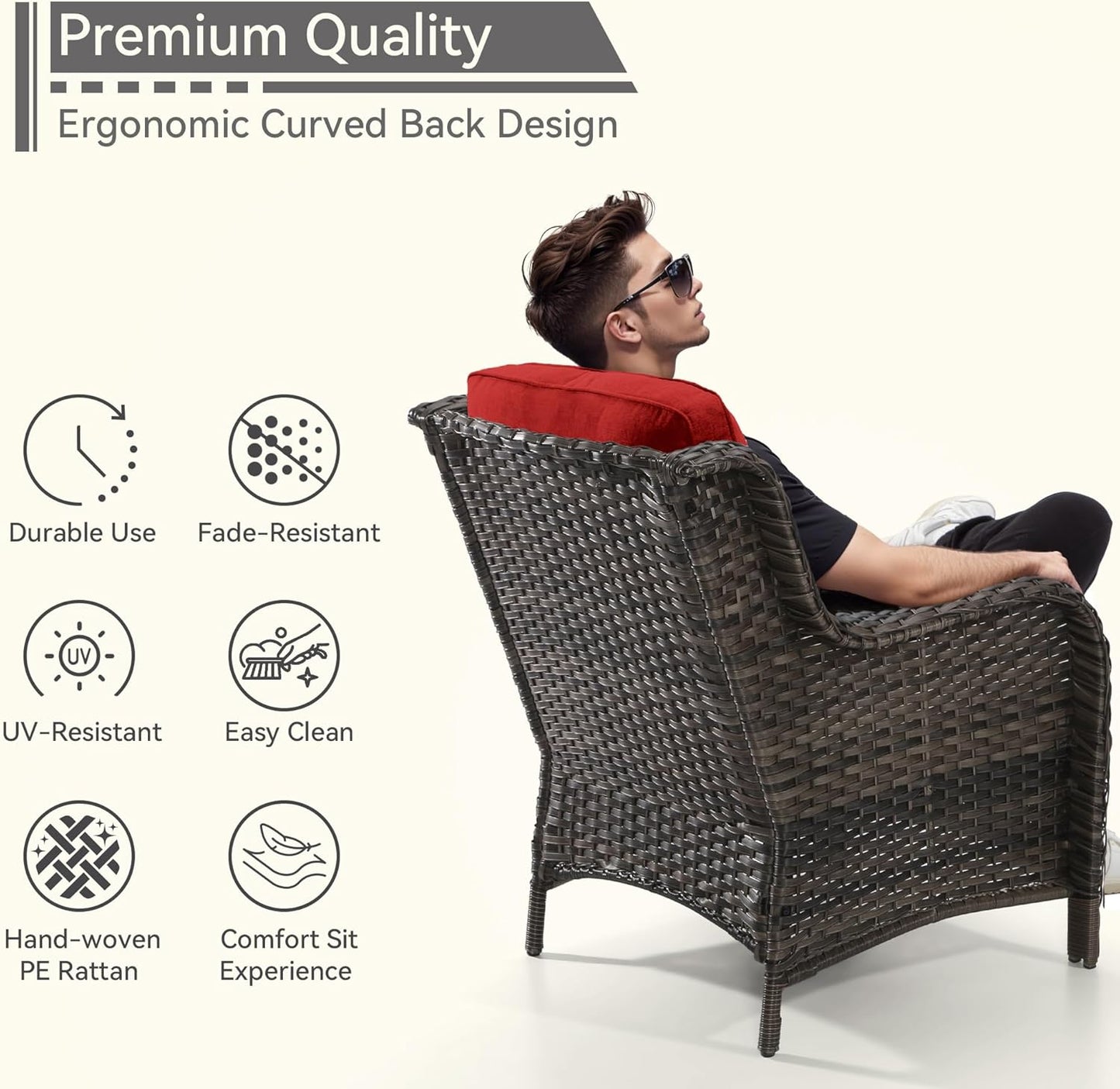 Patio Wicker Chairs Set of 2, Patio Rattan Dining Chairs with 3.5-inch Seat Cushions, High Back and Curved Armrest for Garden, Backyard, Balcony and Deck, Red