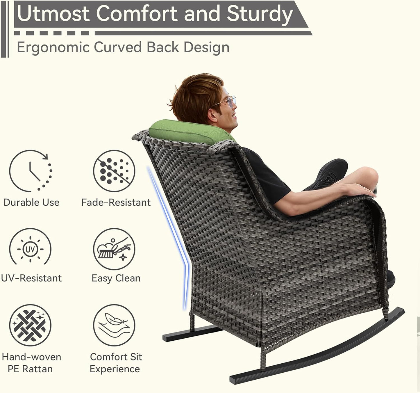 Outdoor Rocking Chair of 2, Wicker Patio Rocker Chair for Yard, Porch, Mixed Brown Grey Rattan, Green Cushions