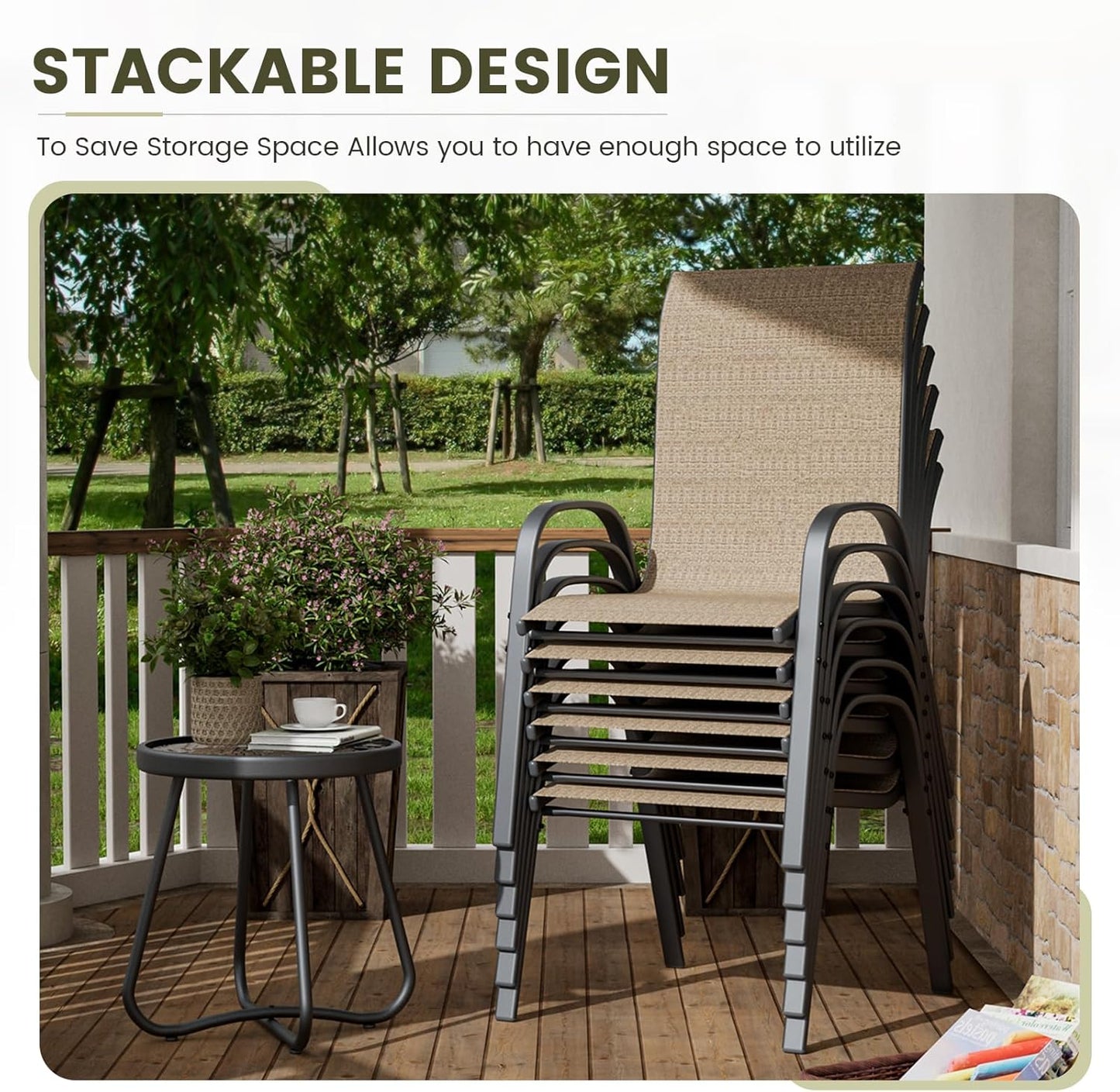 UDPATIO Patio Dining Set of 7, Outdoor Table and Chairs Set with Square Metal Table, 6 Stackable Patio Chairs with High Back, Outdoor Furniture for Deck Garden Backyard Lawn Poolside (Brown)