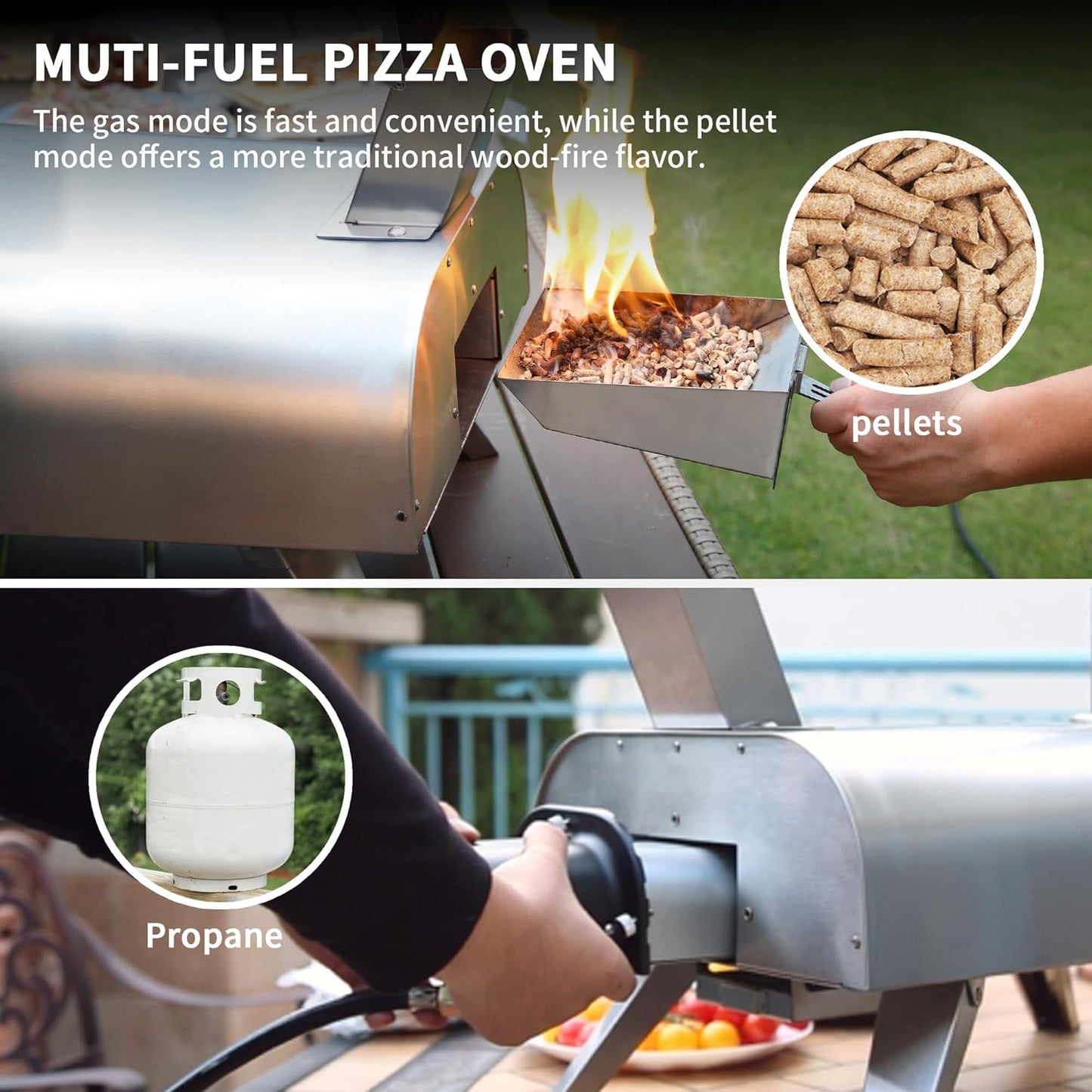 BIG HORN OUTDOORS 12" Multi-Fuel Pizza Oven, Portable Outdoor Pizza Oven, Wood Fired & Propane Gas, Pellet Pizza Maker with Pizza Stone