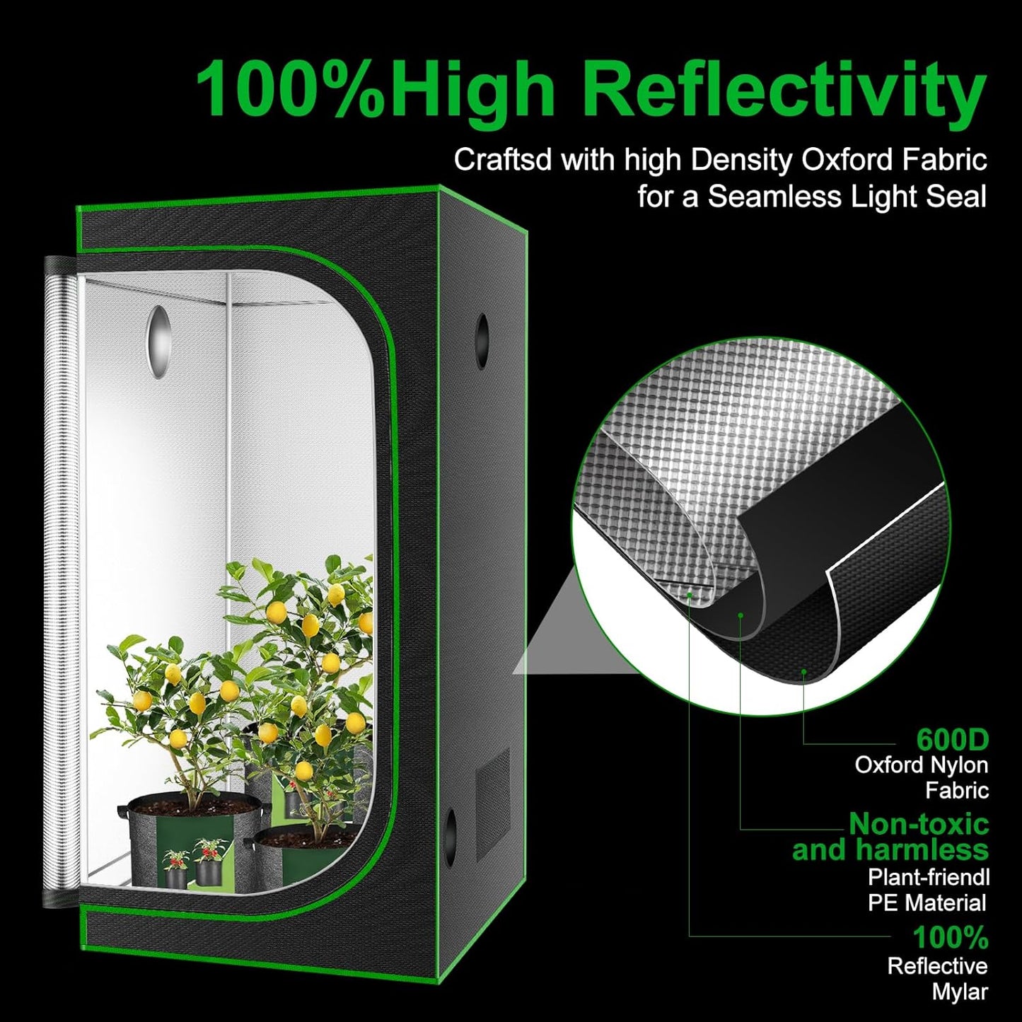 MELONFARM 32"x32"x63'' Grow Tent, High Reflective 600D Diamond Mylar Canvas with Observation Window and Floor Tray for Hydroponic Indoor Plant Growing