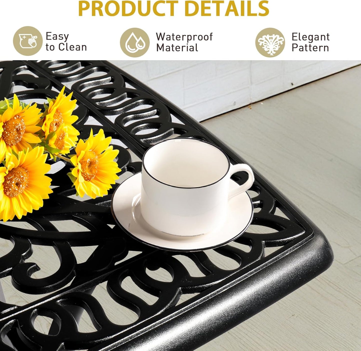 Outvita Patio Side Table, 21.3in Outdoor Square Cast Aluminum Bistro Table with Umbrella Hole and Antique Design for Backyard Porch Pool Balcony Deck Black