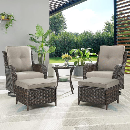 Outdoor Wicker Patio Furniture Set - 5 Pieces Rattan Patio Conversation Set with 2 Rocking Swivel Chairs,2 Ottomans and 1 Side Table for Porch Deck Backyard Garden(Brown/Grey)