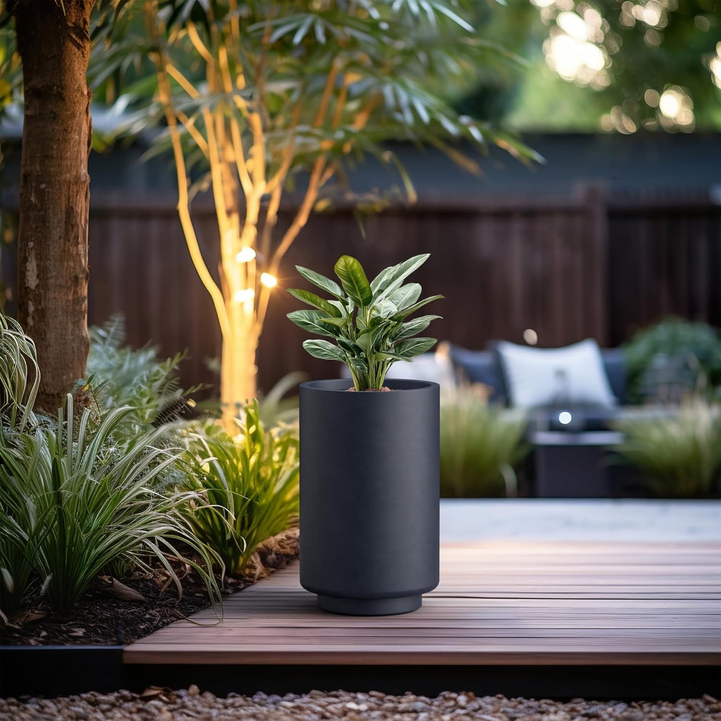 Kante 20.1 Inch Tall Concrete Planter, Round Pedestal Design Garden Pot for Indoor Outdoor Plants, Modern Garden Pot with Drainage Hole, Charcoal Finish with Warm Brown Interior