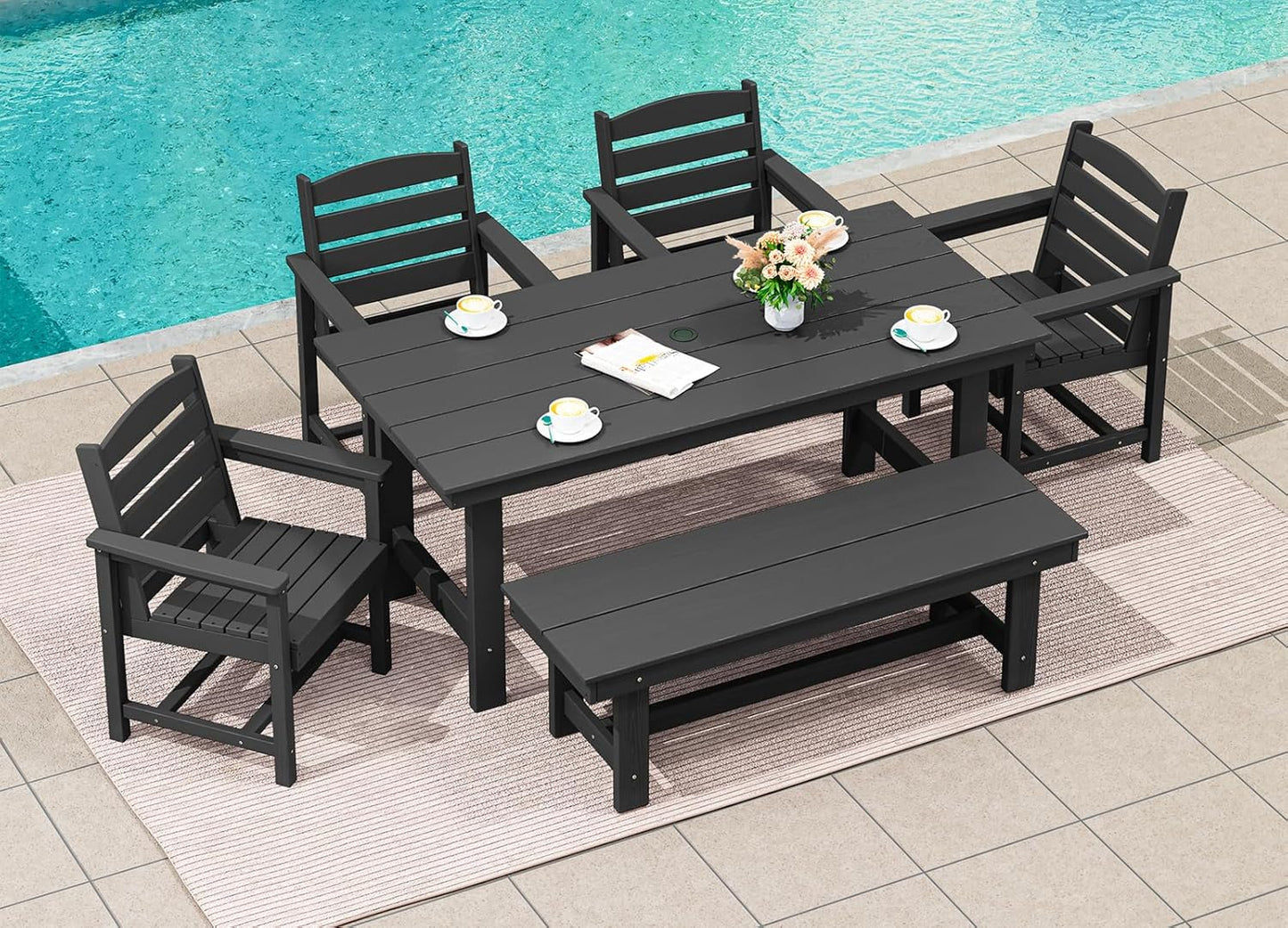 SERWALL 6-Person Outdoor Dining Table - 67" Rectangle HDPE Patio Table with Center Umbrella Hole, Weatherproof, Black