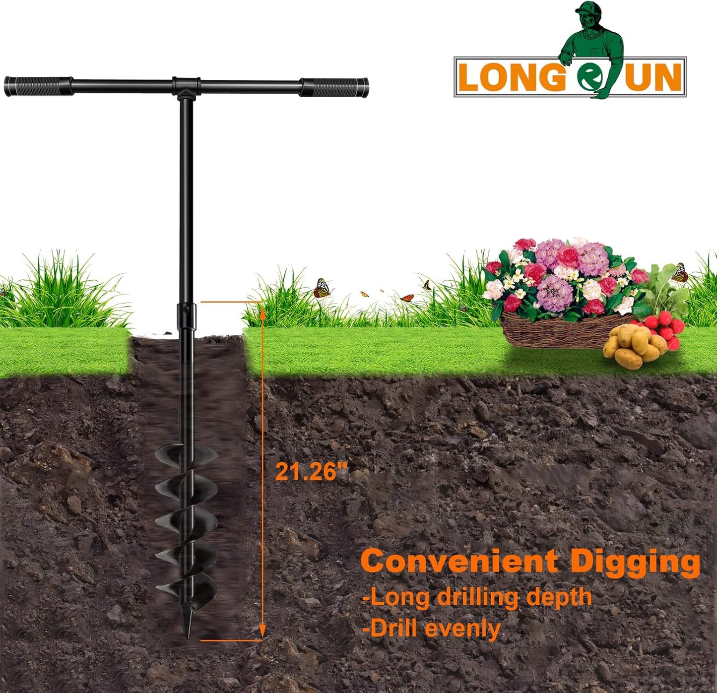 LONGRUN Hand Drill Auger Post Hole Digger, Manual Garden Hole Digging Drill Bit for Planting, Spiral Drill Planter for Bulb, Flower, Tree, Seedlings, Bedding Plants, Umbrella, Fence Holes-4"x 38"
