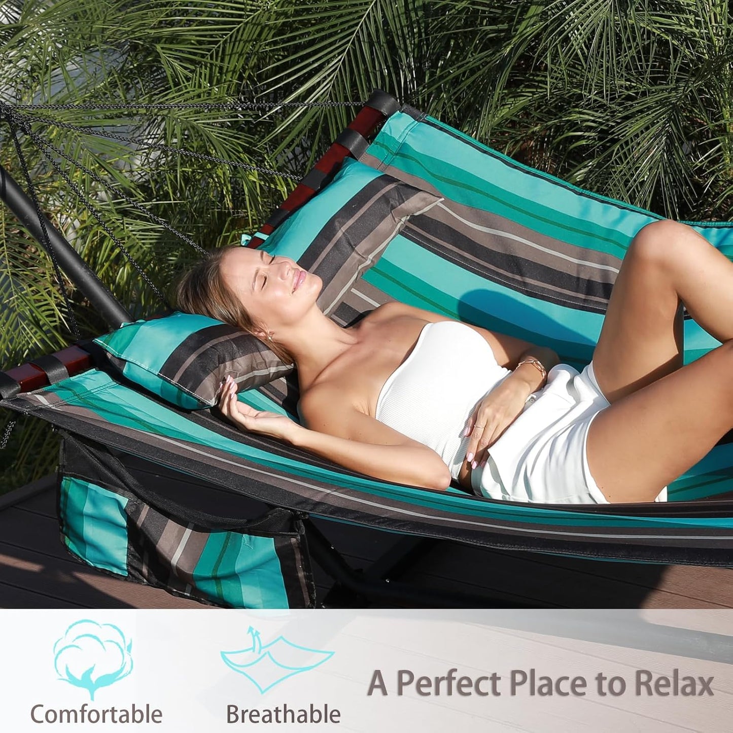 TegerDeger 12FT 2 Person Hammock Large Hammock 450LB Capacity with V Shaped Hardwood Spreader Bar & Nylon Rope for Outside, Patio, Garden, Backyard, Beach, Poolside - Teal Stripes