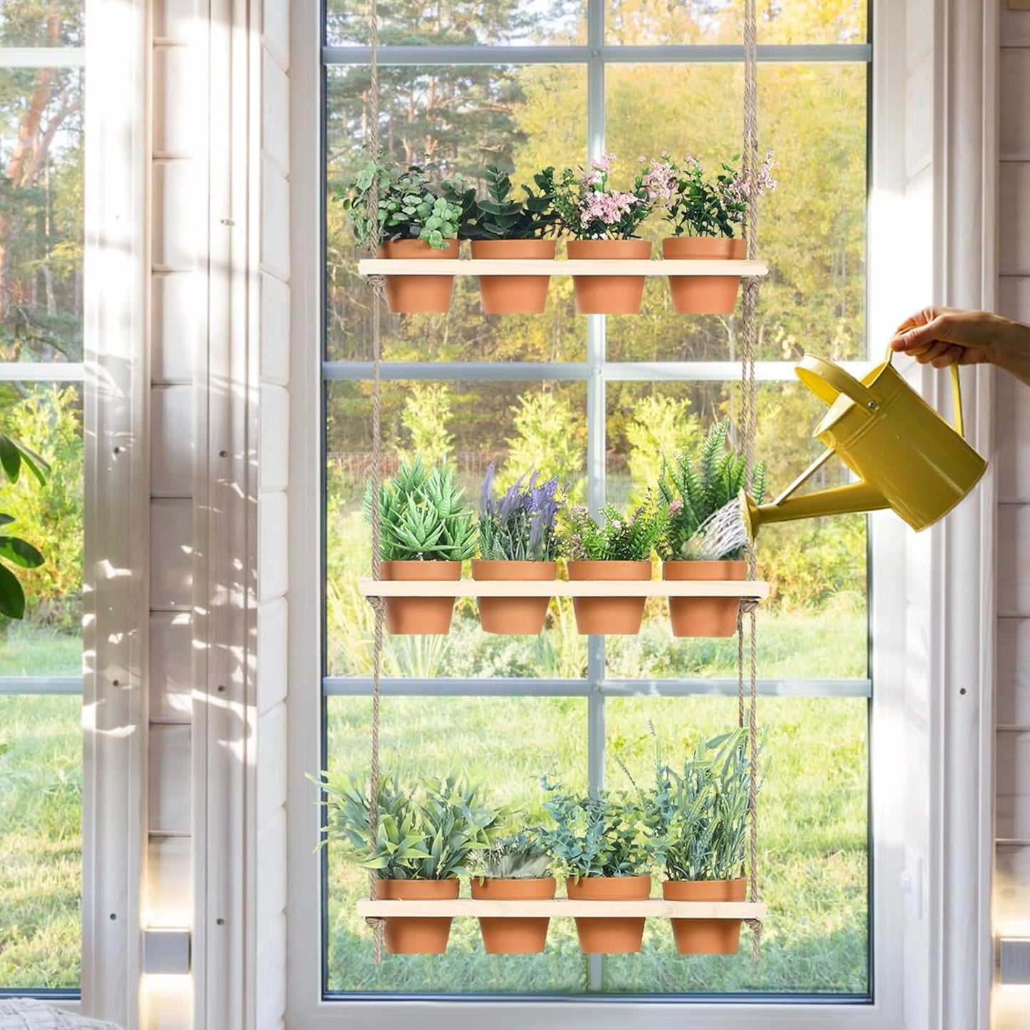 3 Tiered Hanging Herb Planters Hanging Herb Garden Wall with 12 Pcs Nursery Pot Wood Vertical Window Plant Shelf with Holes and Rope Plastic Flower Pots Spring Garden Indoor Kitchen