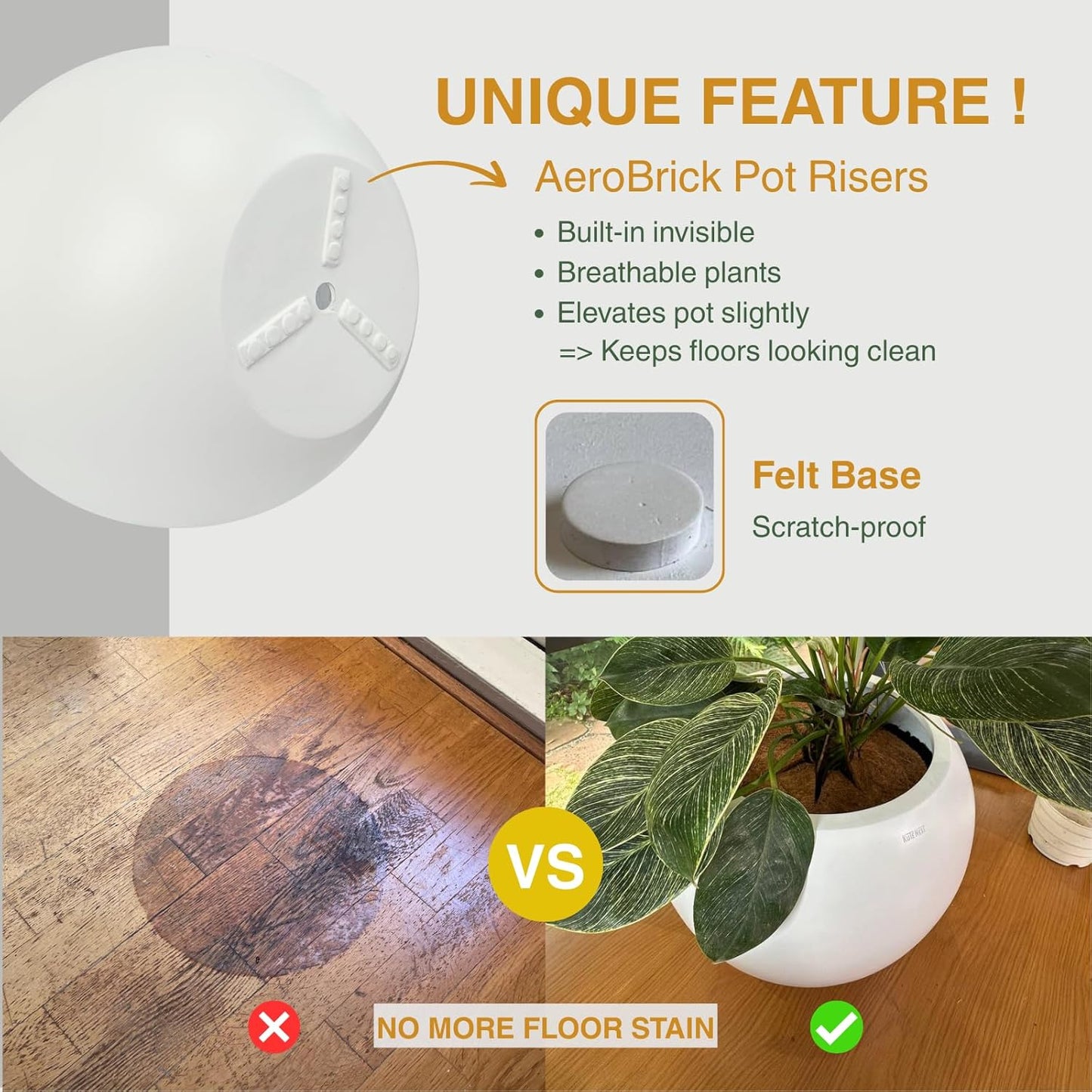 9.7" H x 12" D Globo Fiberstone Round Planter with Drainage Hole, Weather Resistant, Smooth Finish, Planters for Indoor Plants & Outdoor, 2 Extra Coco Mats (White, 7.8" Pot Opening)