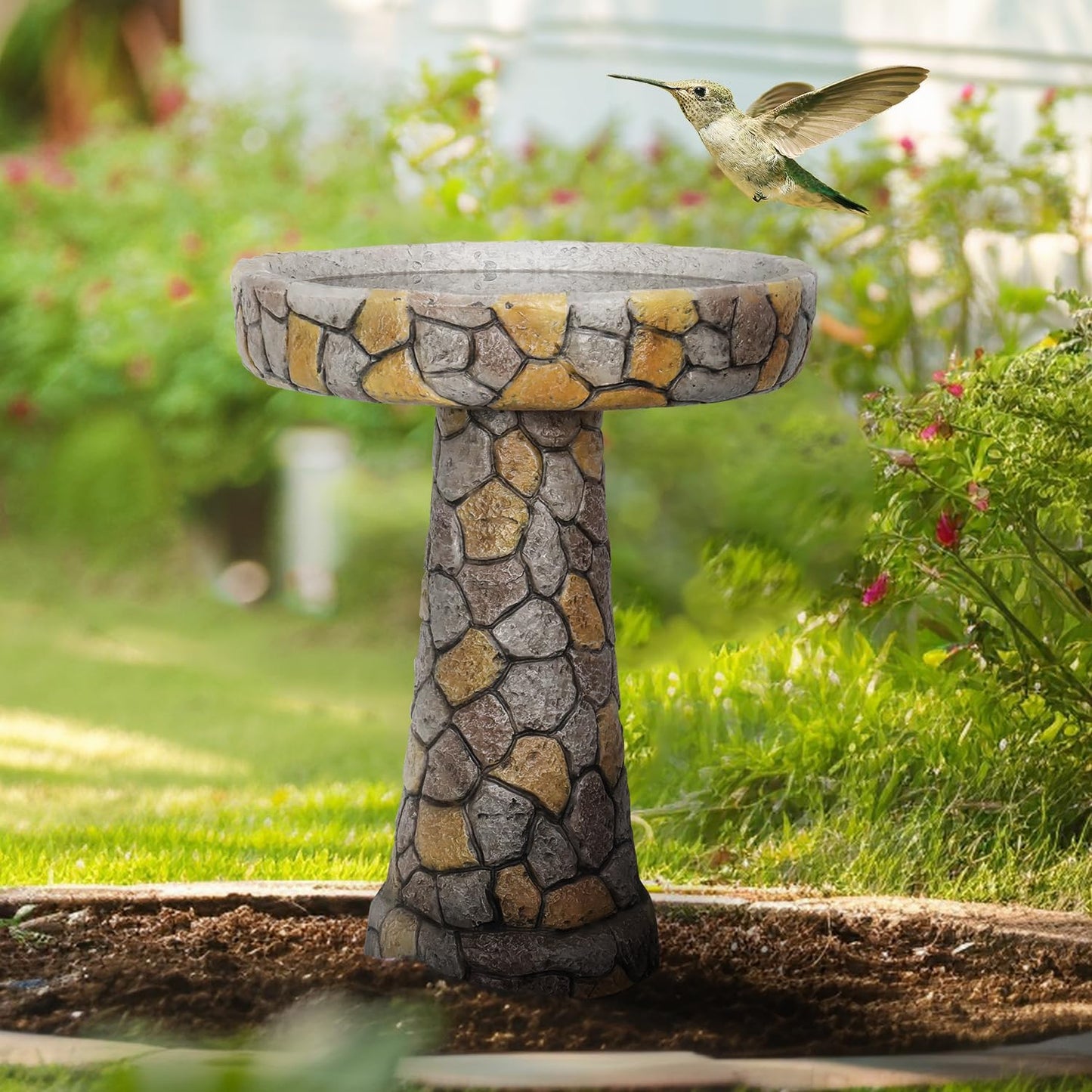 24" H Outdoor Concrete Bird Bath - 24" H * 18.8" Φ Mosaic Stone Design BirdBath Perfect for Adding Interest to Garden, Patio, Backyard, Porch and Deck