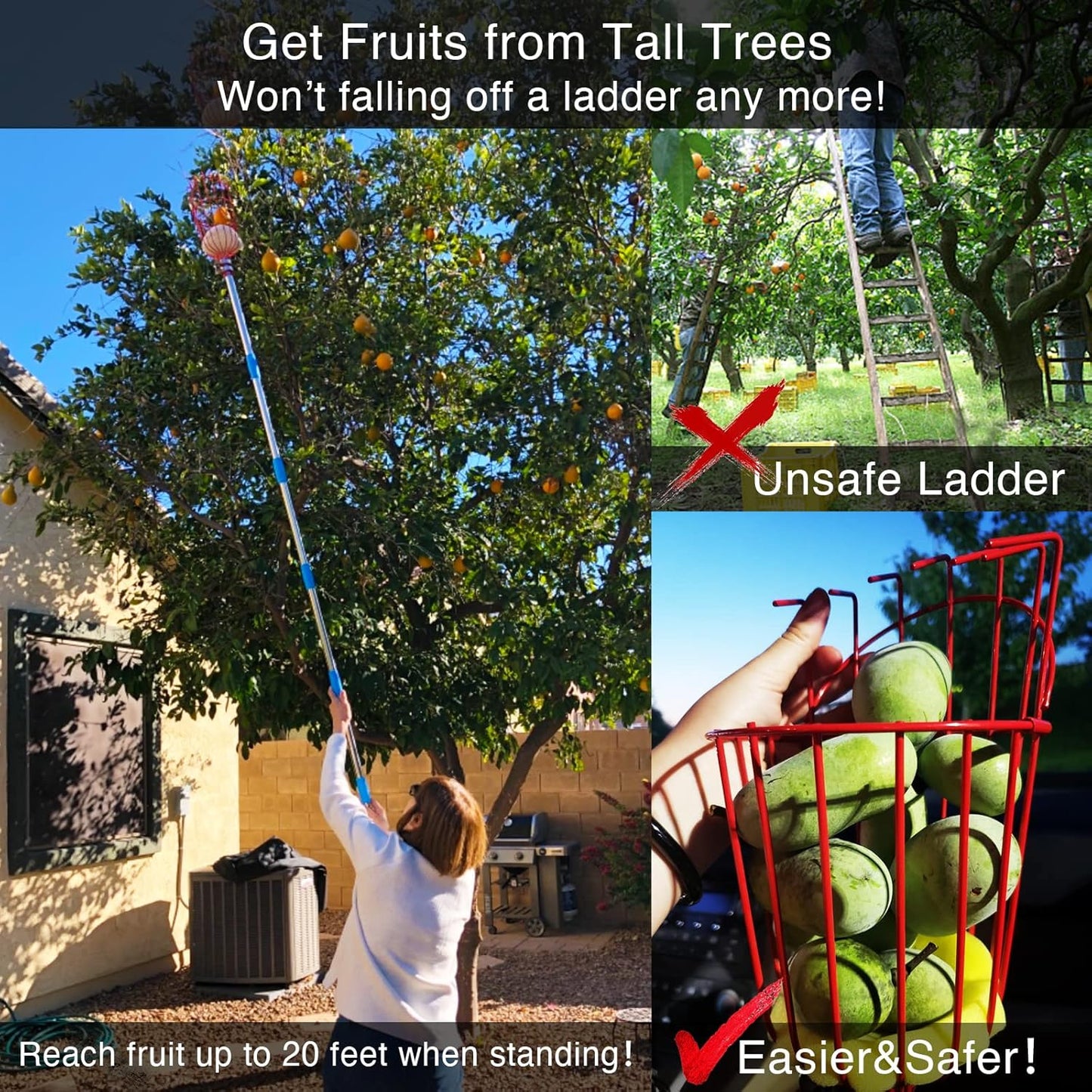 DonSail Fruit Picker Pole Tool with Basket Long Handle, 35-65 Inch Adjustable Apple Orange Picker Pole Tool with Basket for Avocado Acorn Lemon Pear Mango Tree Picker