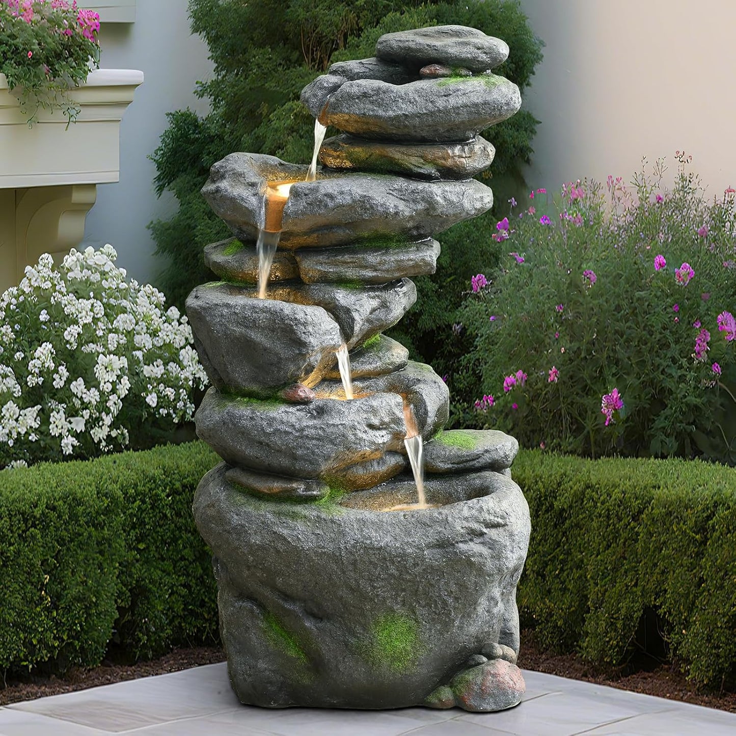 38" Outdoor Garden Water Fountain with Lights 5 Tiers Cascading Large Waterfall Floor Standing Fountain for Patio, Backyard, Deck, Porch and Home Art Decor