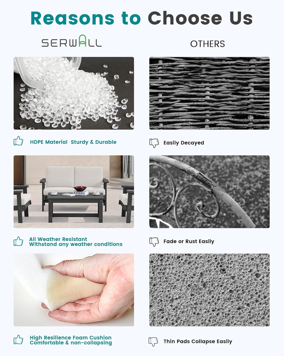 SERWALL HDPE Patio Furniture Set, 5 Piece All Weather Wood-Like Sectional Outdoor Furniture Set, Grey Patio Sofa Couch with Khaki Cushions for Deck, Lawn