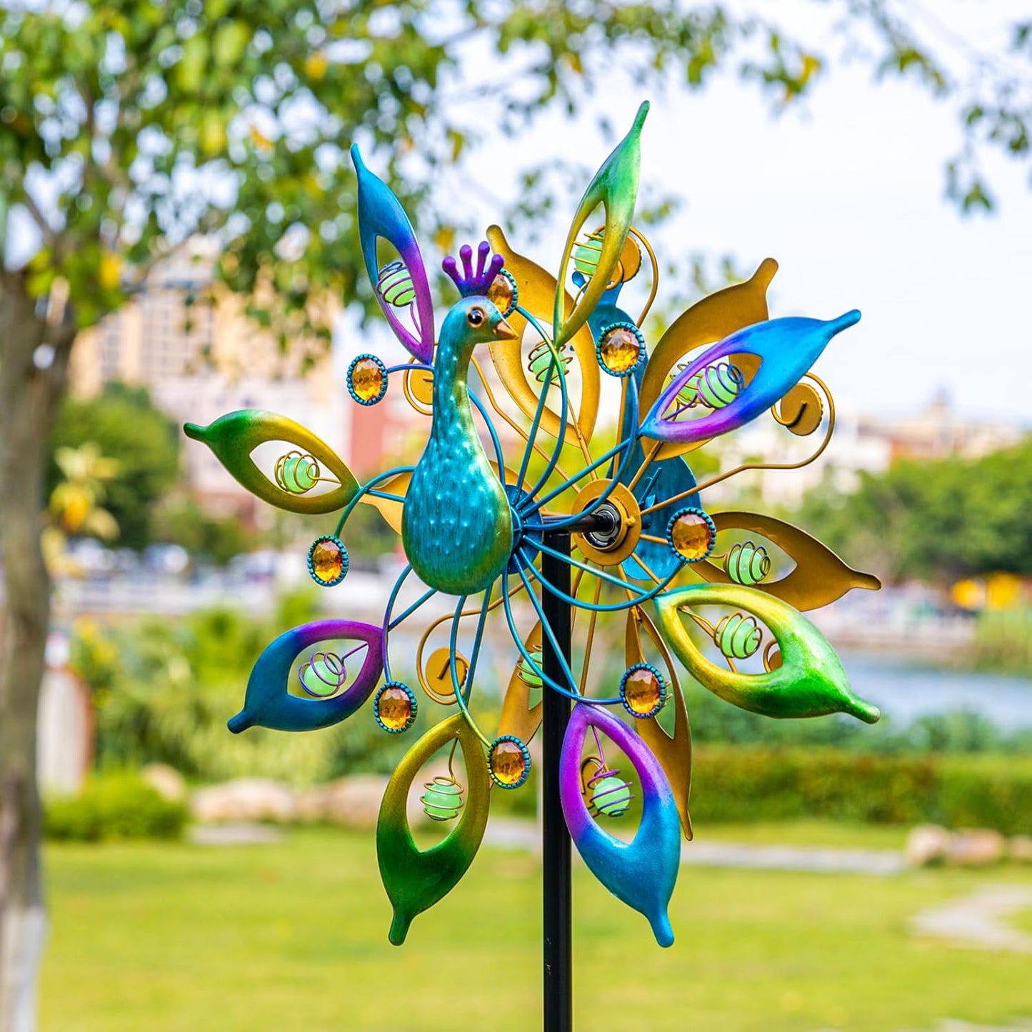 DREAMYSOUL Outdoor Peacock Wind Spinners with Gem Decor, 13" D*65" H Double Sided Kinetic Wind Sculptures & Spinners, Metal Wind Spinners for Yard and Garden