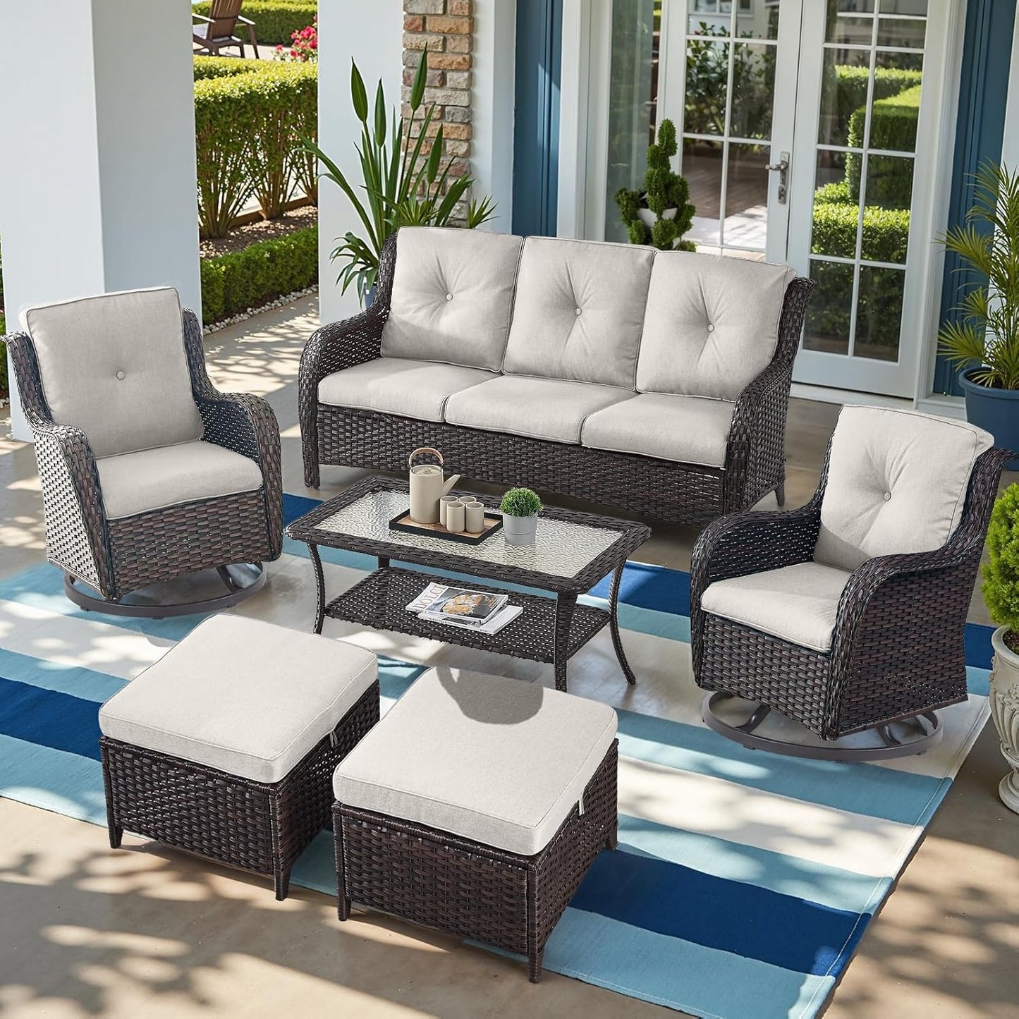 Outdoor Wicker Patio Furniture Set - 6 Piece Rattan Patio Conversation Set with 2 Rocking Swivel Chairs,2 Ottomans,1 Sofa and 1 Coffee Table for Porch Deck Backyard Garden(Brown/Beige)