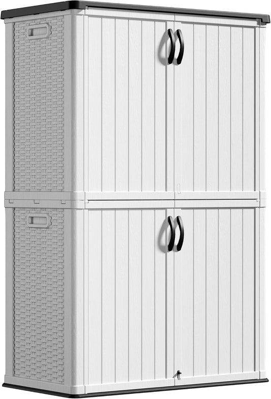 Greesum Outdoor Storage Cabinet Without Shelves, 45 cu.ft Outdoor Waterproof Storage Shed for Garden Tools, Pool Storage, Garbage Cans, White