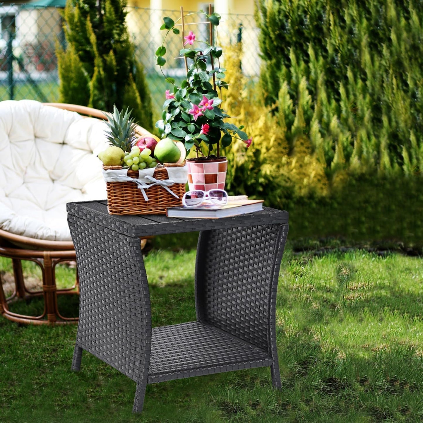 Outdoor Side Table Small Outdoor End Table for Patio Black Wicker Rattan Coffee Table with Storage & Poly Lumber Table Top Square for Outside Balcony Porch Backyard Deck