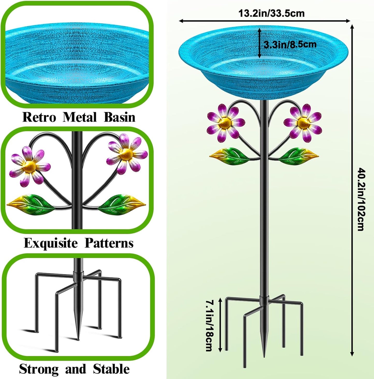 Metal Bird Bath for Outside Garden Birdbath Bowl, Freestanding Bird Feeders for Outdoors with 5 Prongs Base Stake, Standing Birdfeeders Bath Bowl for Yard Decor (Retro Blue)