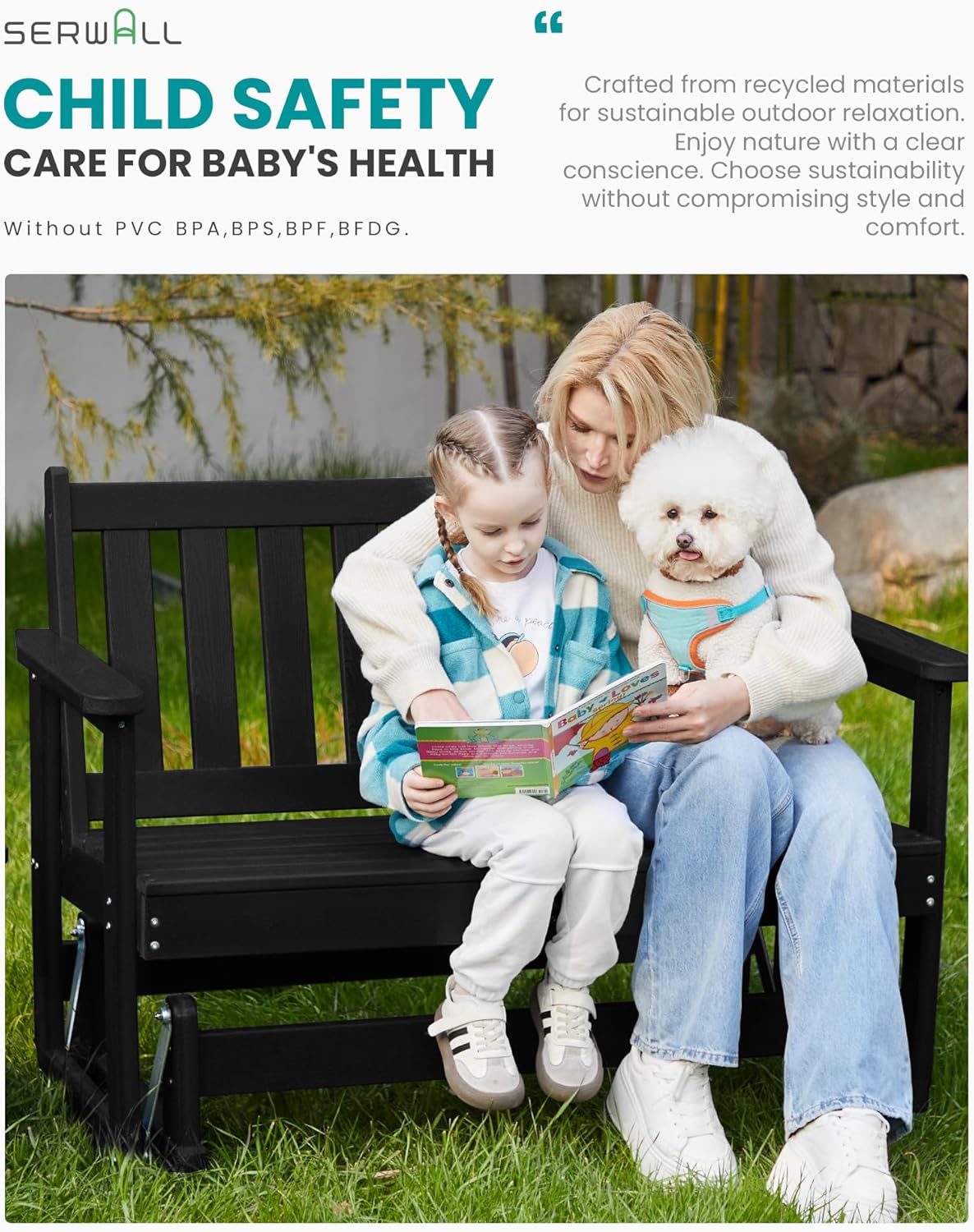 SERWALL 2 Person Patio Glider Bench, HDPE Material Weather-Resistant Swinging Bench for Outdoor Porch Garden, Black