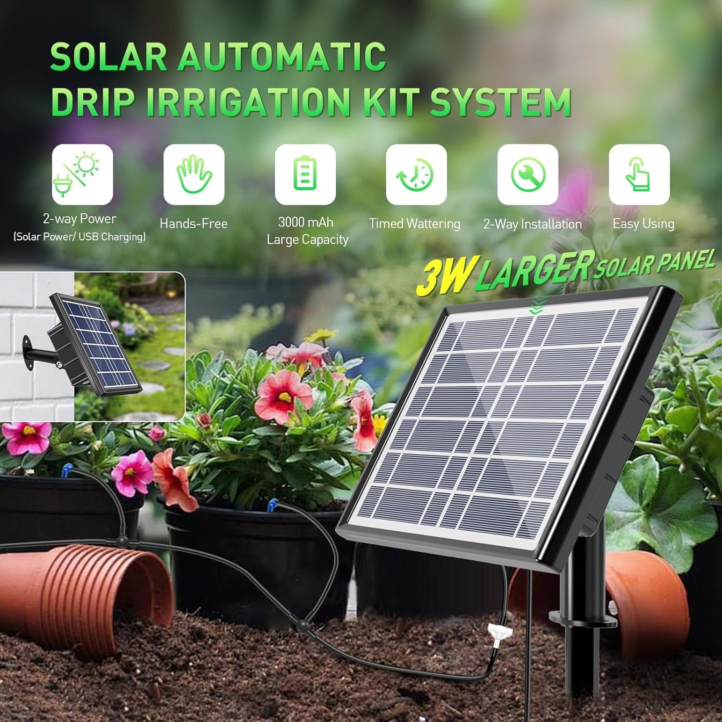 49FT Solar Drip Irrigation Kit System, 900ml/min Garden Watering System，3W 3000mAh Larger Capacity，Automatic Raised Bed Watering System for 15 Potted Plants