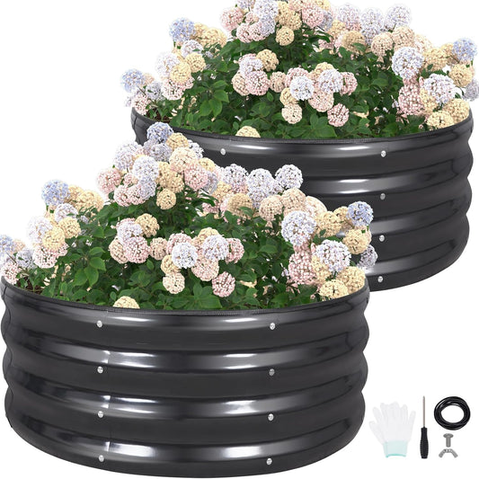 G GOOD GAIN Round Raised Garden Bed - 2Pcs 3x3x1ft Galvanized Steel Planter Boxes Outdoor with Rubber Edge Trim | Metal Raised Beds for Gardening Vegetables Flowers Fruits Herbs (Dark Grey)