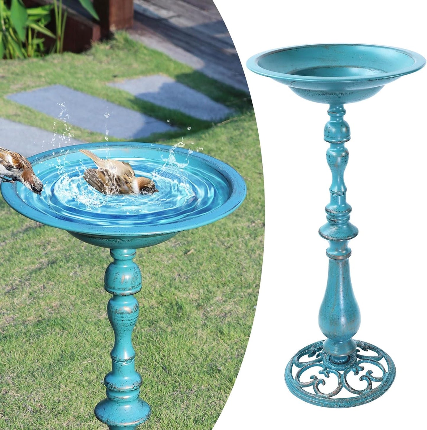 26.6”H Cast Iron Pedestal Bird Bath，Metal Birdbaths Bird Feeder Seed Tray for Garden Yard Decor -Blue.