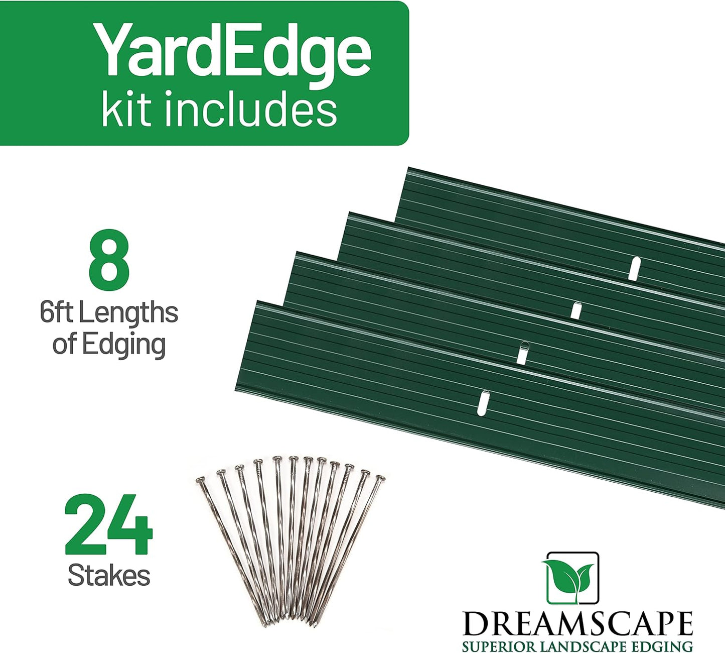 Dreamscape YardEdge Aluminum Landscape Edging - 8 Strips, 6ft Each (48ft Total), Green Duraflex Paint - Professional Quality Landscaping Border, Metal Divider for Lawn, Garden, Flowerbed