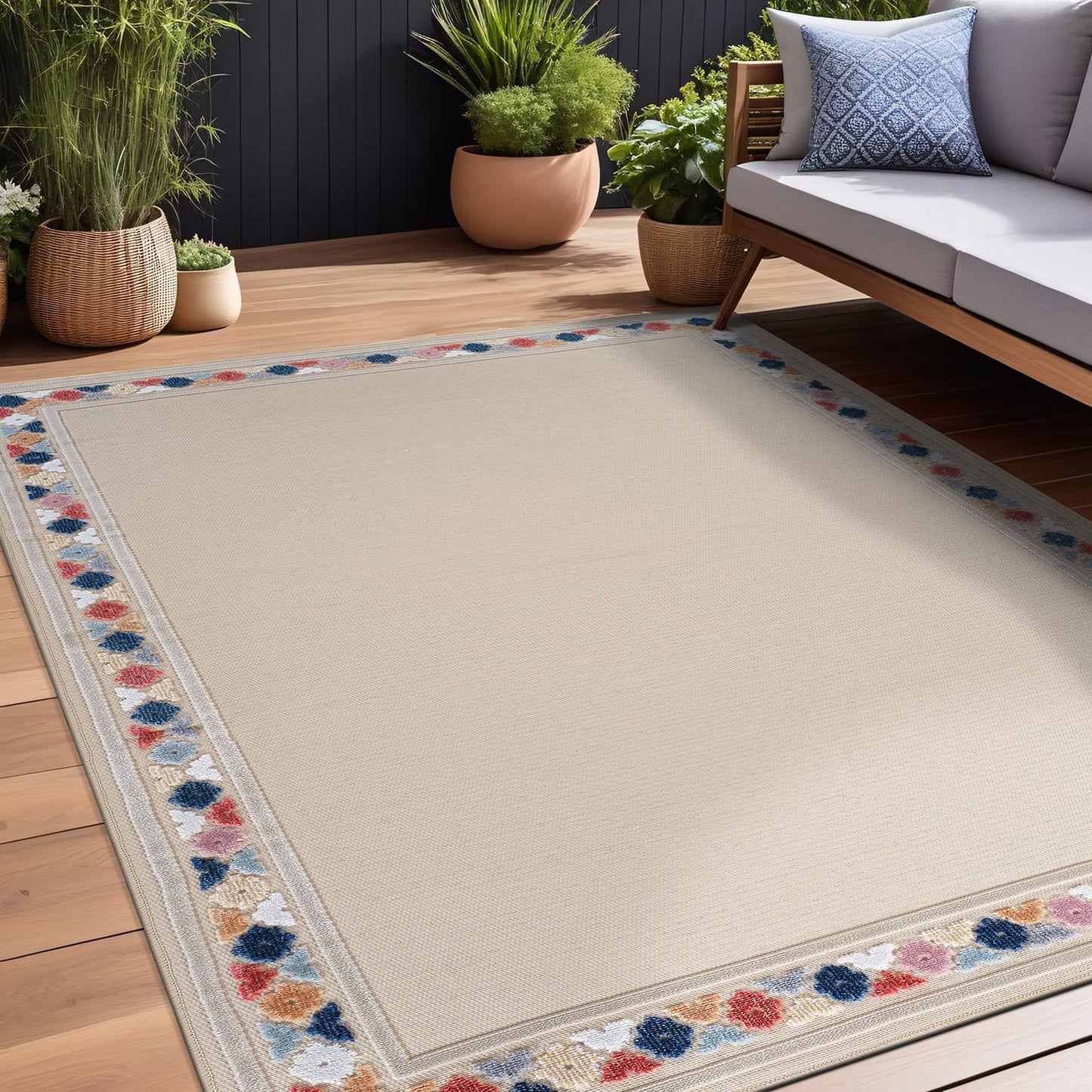 Beverly Rug Outdoor Rug 8x10 Modern Bordered Area Rugs for Indoor and Outdoor Patio Easy to Clean Non Shedding Living Room Porch Garden Washable Outside Carpet (8 x 10 Beige)
