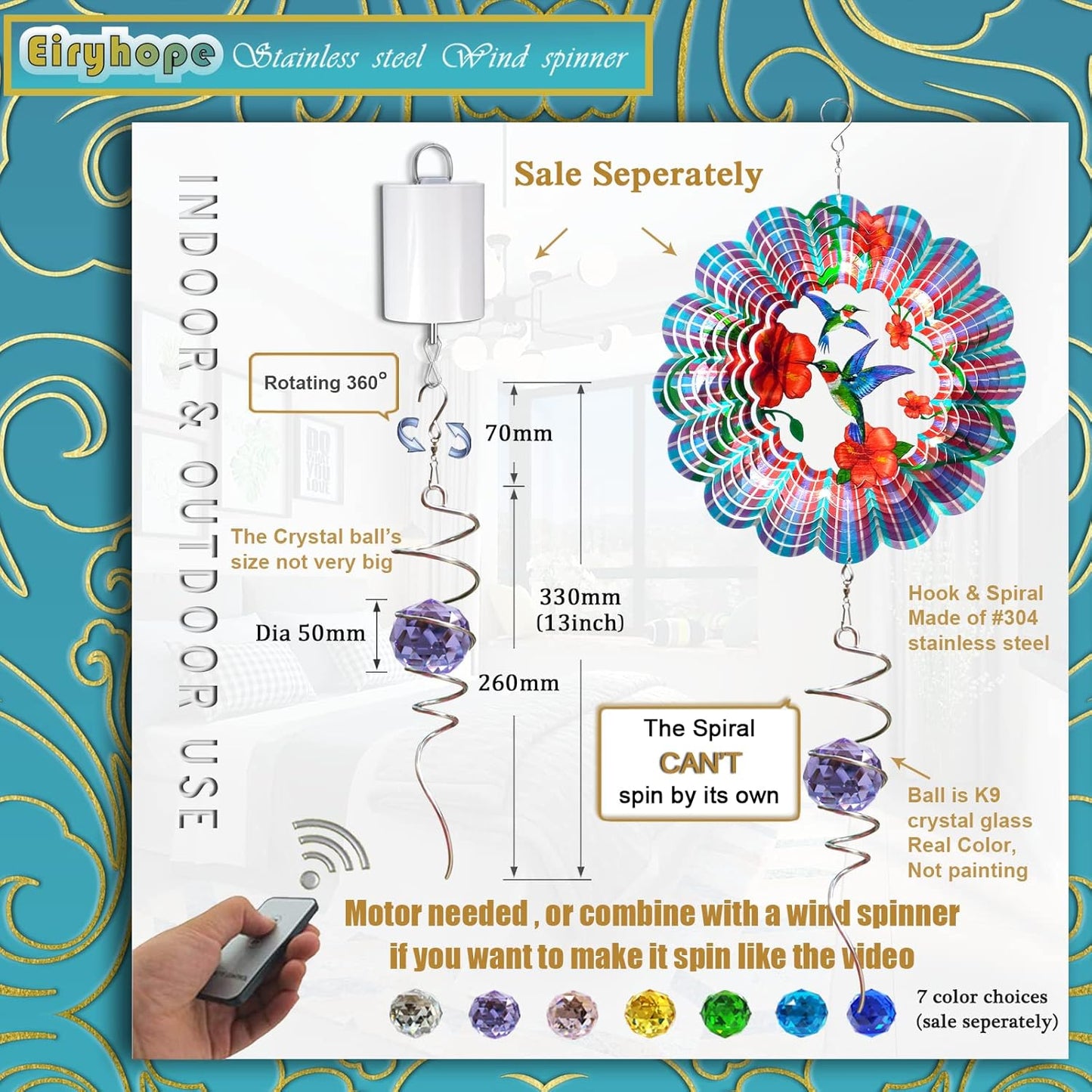 Wind Spinner Spiral Tail, Gazing Ball Spiral, Decorative Sun Catcher Rainbow Maker 11inch Tail and 2 inch Purple Crystal Orb with Swivel Hook, Indoor & Outdoor Garden Decoration 13" Height